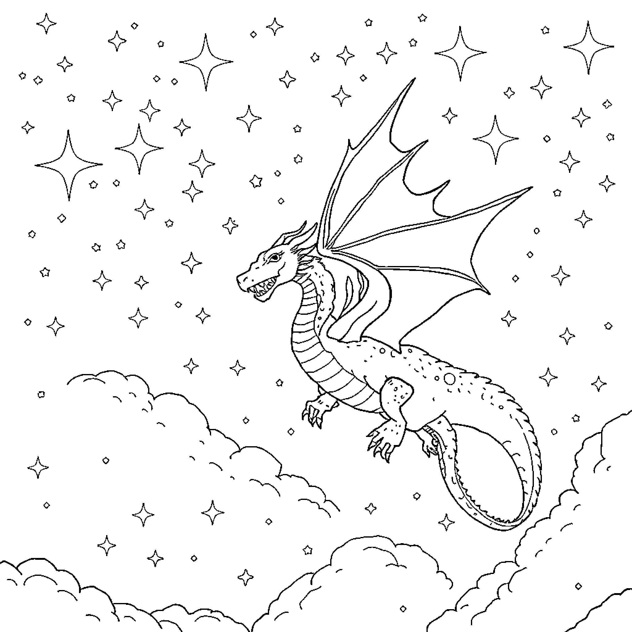 Dragon soaring through starry night sky Coloring Page (free black-and-white line drawing printable PDF for all, from beginners to advanced learners, including children, teens, adults, and seniors)