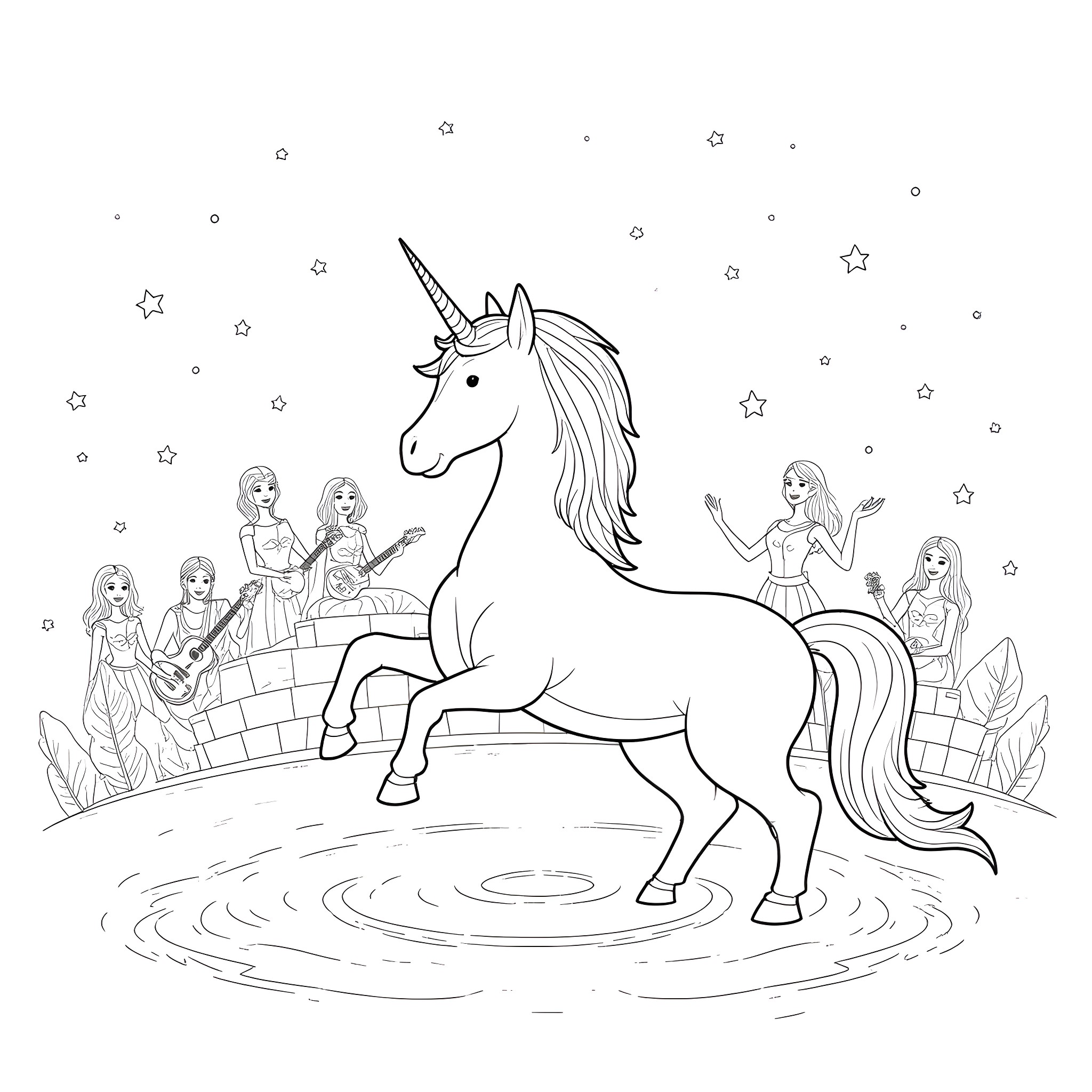 Unicorn prancing with girls in magical fantasy scene Coloring Page (free black-and-white line drawing printable PDF for all, from beginners to advanced learners, including children, teens, adults, and seniors)