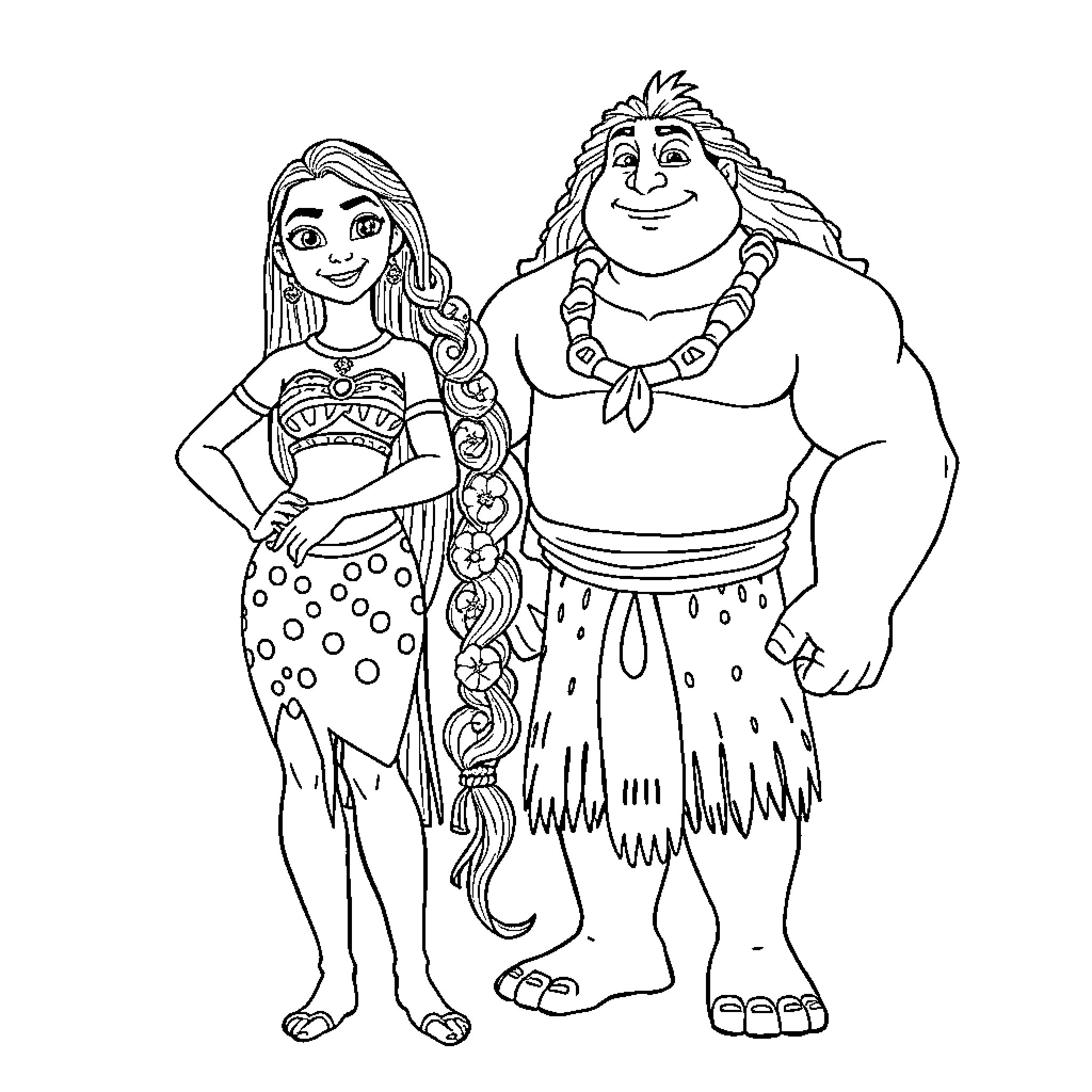 Vaiana and Maui on an adventure Coloring Page (free black-and-white line drawing printable PDF for all, from beginners to advanced learners, including children, teens, adults, and seniors)