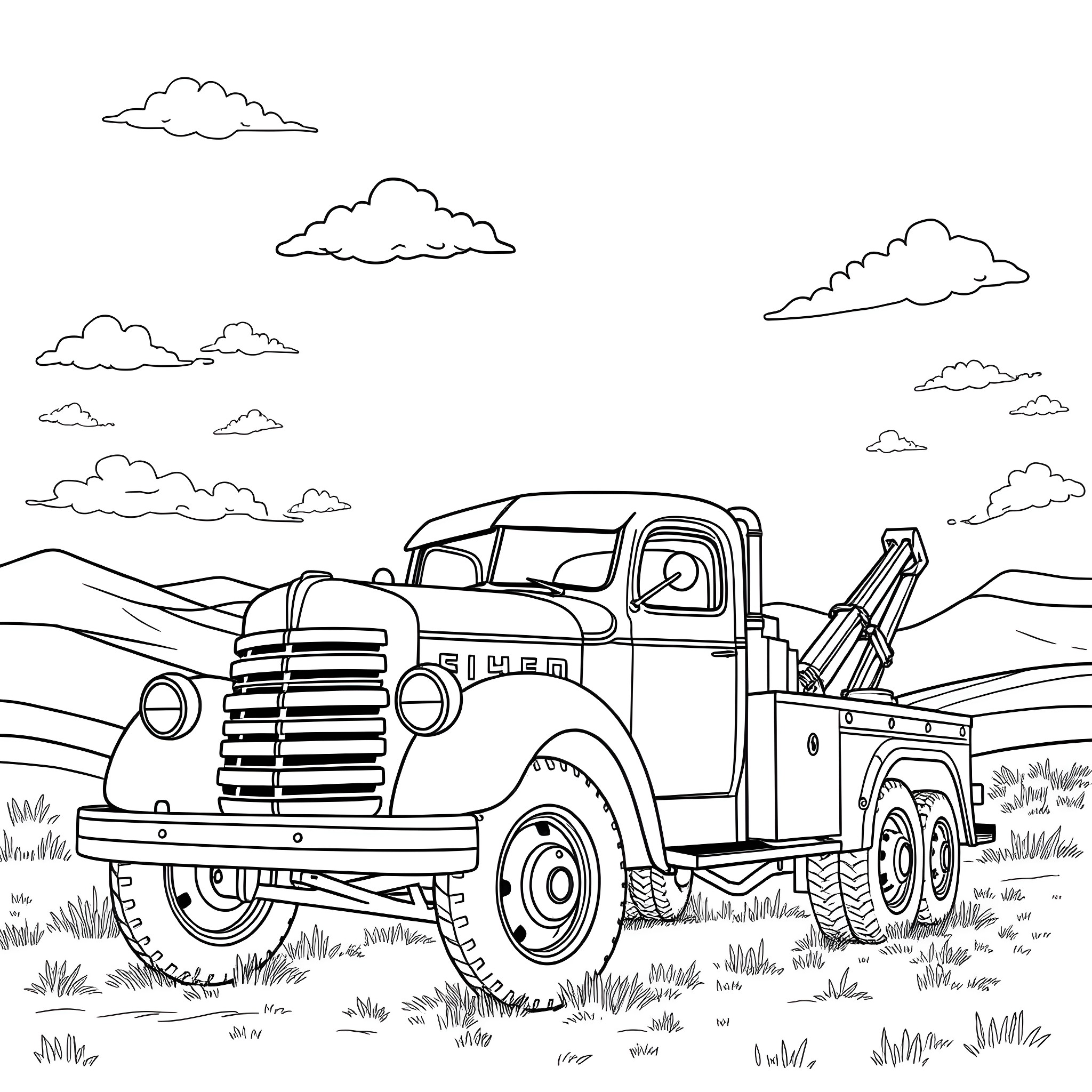 Tow Truck in the Countryside Coloring Page (free black-and-white line drawing printable PDF for all, from beginners to advanced learners, including children, teens, adults, and seniors)