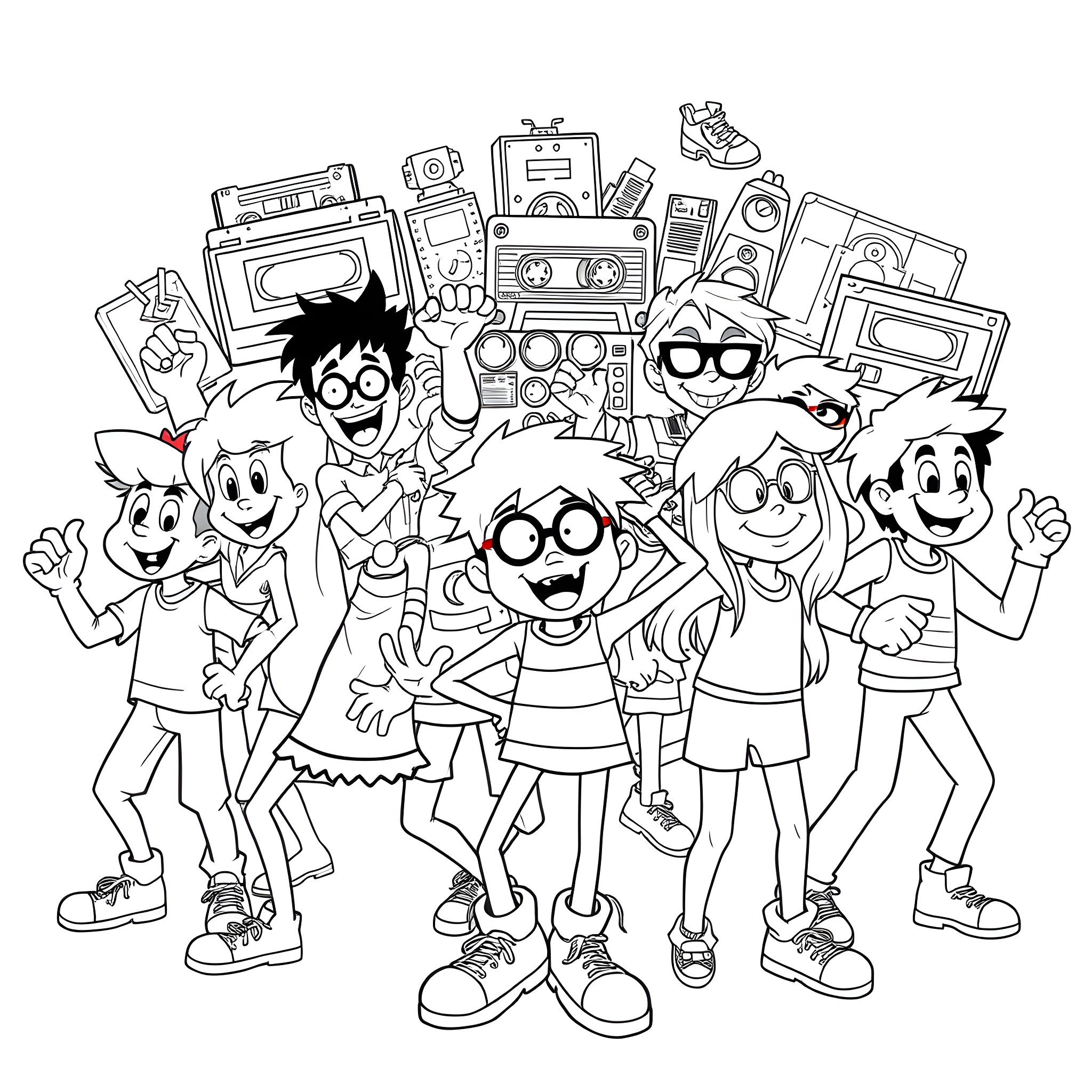 Cartoon Group of Excited Kids with Retro Electronics Coloring Page (free black-and-white line drawing printable PDF for all, from beginners to advanced learners, including children, teens, adults, and seniors)