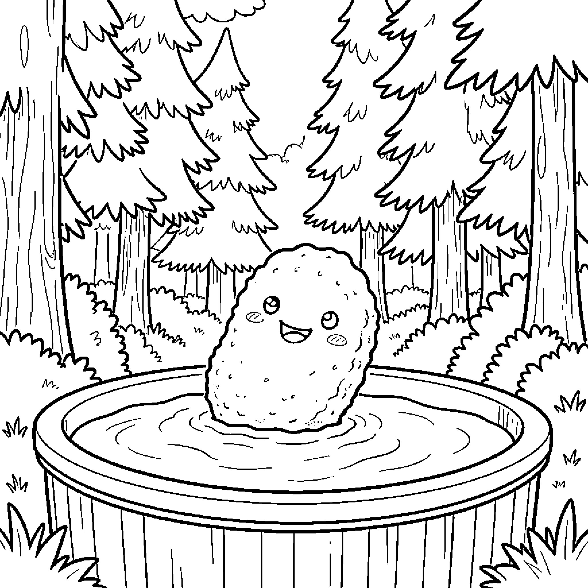 Chicken Nugget floating in a forest pool Coloring Page (free black-and-white line drawing printable PDF for all, from beginners to advanced learners, including children, teens, adults, and seniors)