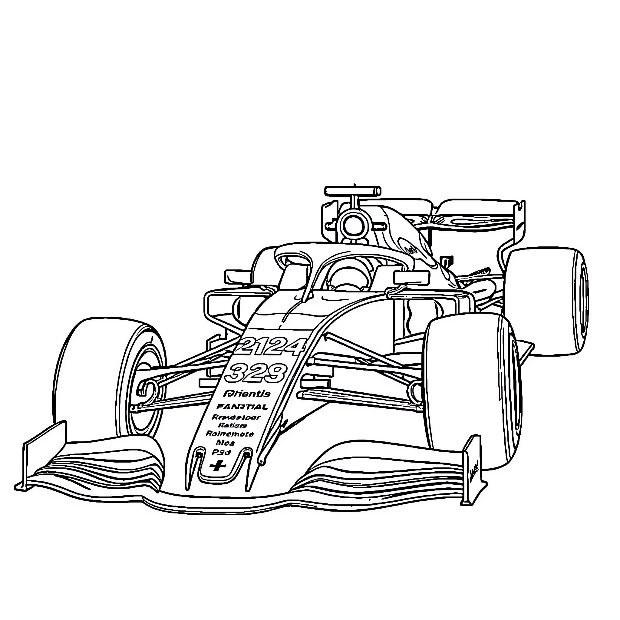 Formula 1 Race Car Design and Specifications Coloring Page (free black-and-white line drawing printable PDF for all, from beginners to advanced learners, including children, teens, adults, and seniors)