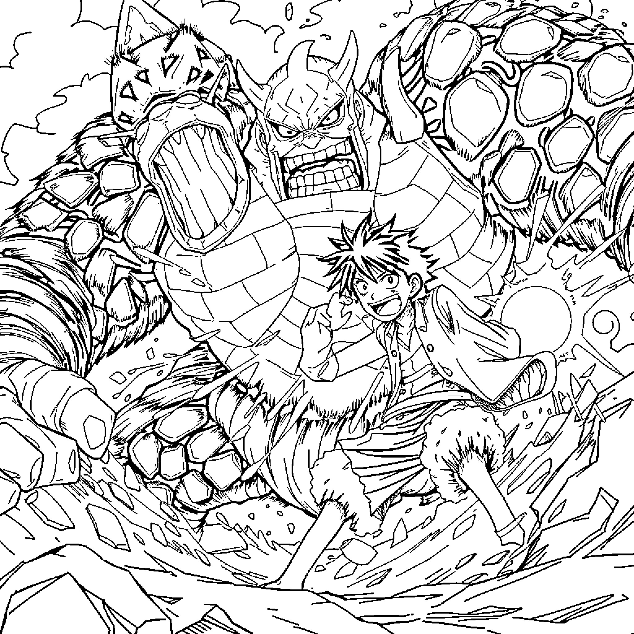 Luffy's Fierce Battle Against Powerful Foes Coloring Page (free black-and-white line drawing printable PDF for all, from beginners to advanced learners, including children, teens, adults, and seniors)