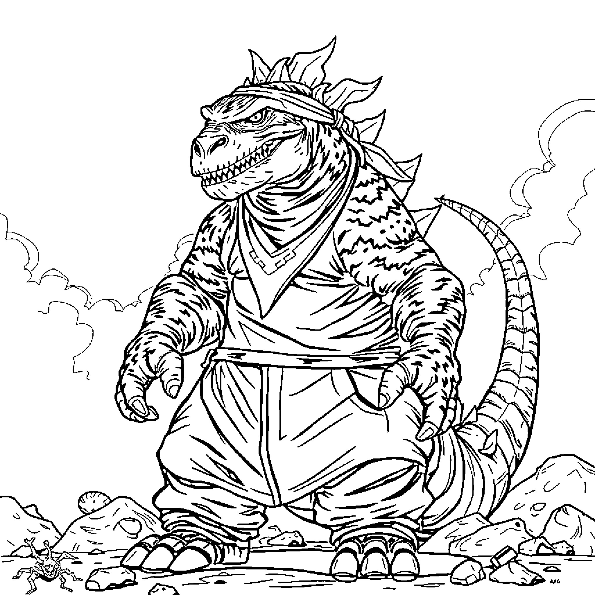 Godzilla stomping through a city Coloring Page (free black-and-white line drawing printable PDF for all, from beginners to advanced learners, including children, teens, adults, and seniors)