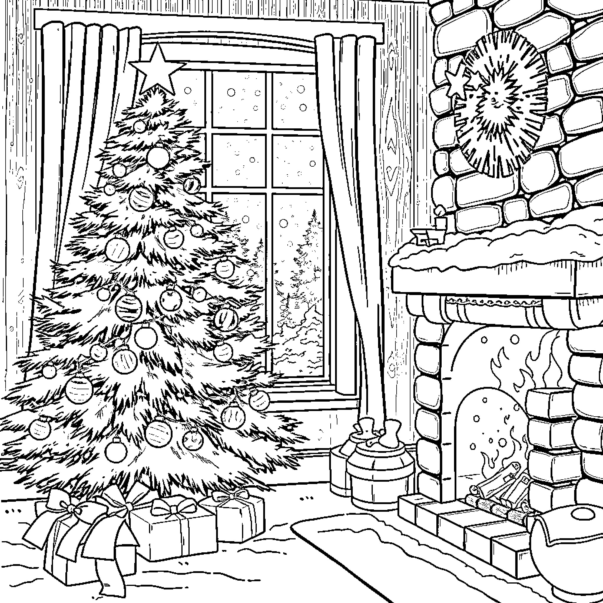 Christmas scene with decorated tree and fireplace Coloring Page (free black-and-white line drawing printable PDF for all, from beginners to advanced learners, including children, teens, adults, and seniors)