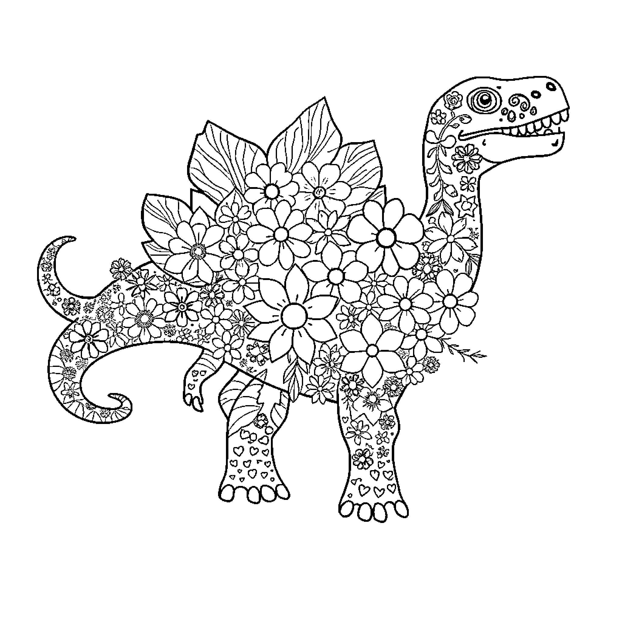 Dinosaur covered in whimsical floral patterns Coloring Page (free black-and-white line drawing printable PDF for all, from beginners to advanced learners, including children, teens, adults, and seniors)