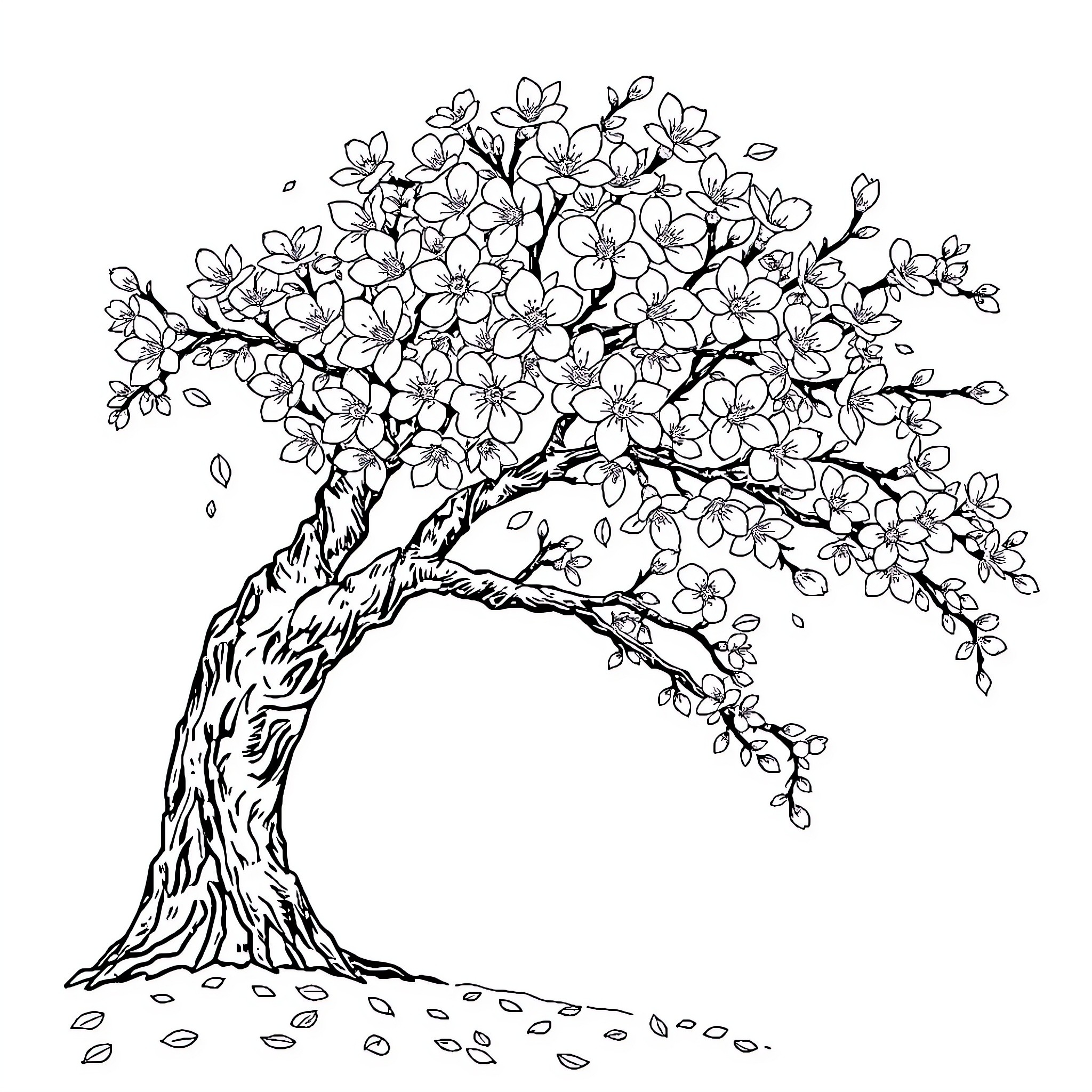 Sakura Tree in Full Bloom Coloring Page (free black-and-white line drawing printable PDF for all, from beginners to advanced learners, including children, teens, adults, and seniors)