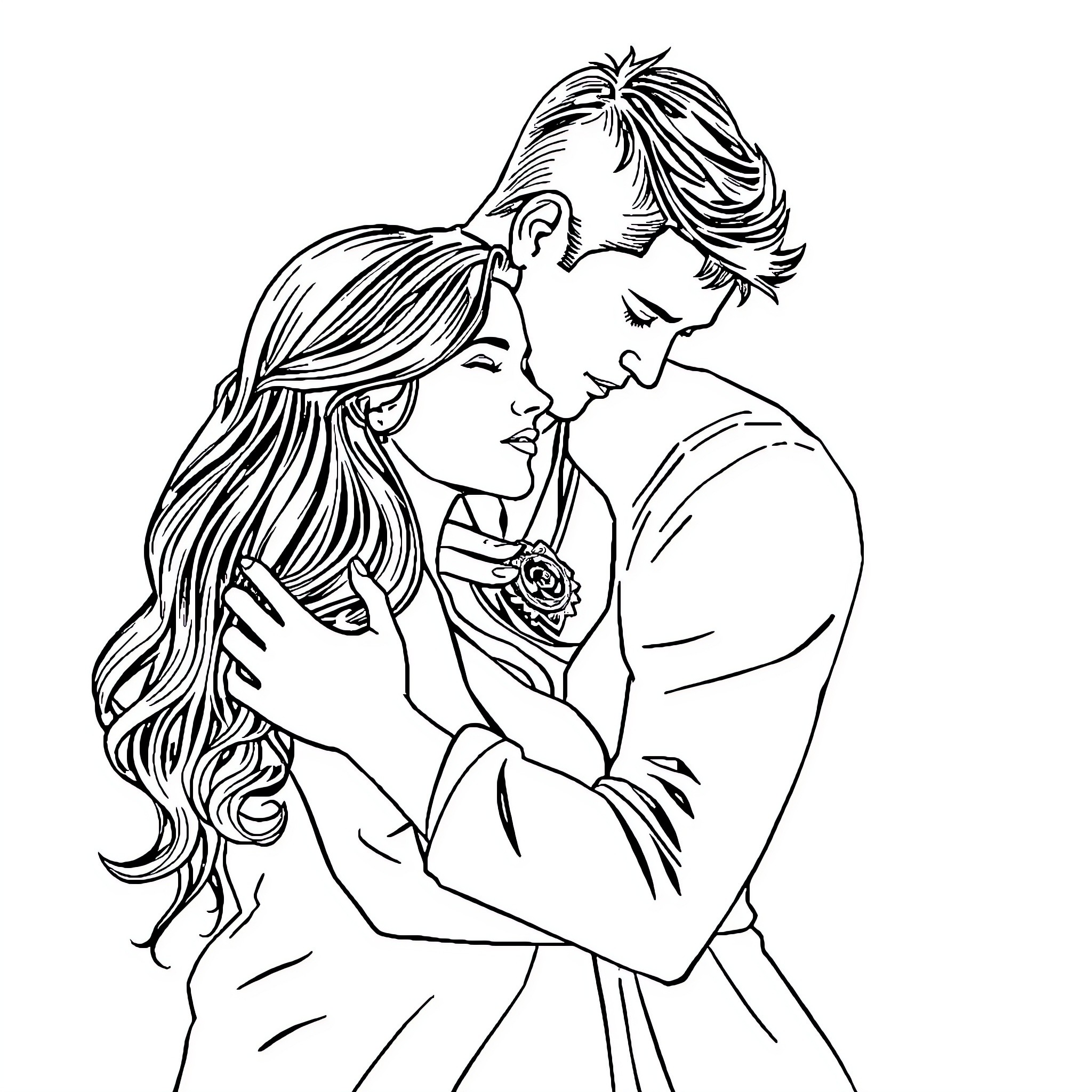 Adult Romantic Couple Embracing Passionately Coloring Page (free black-and-white line drawing printable PDF for all, from beginners to advanced learners, including children, teens, adults, and seniors)