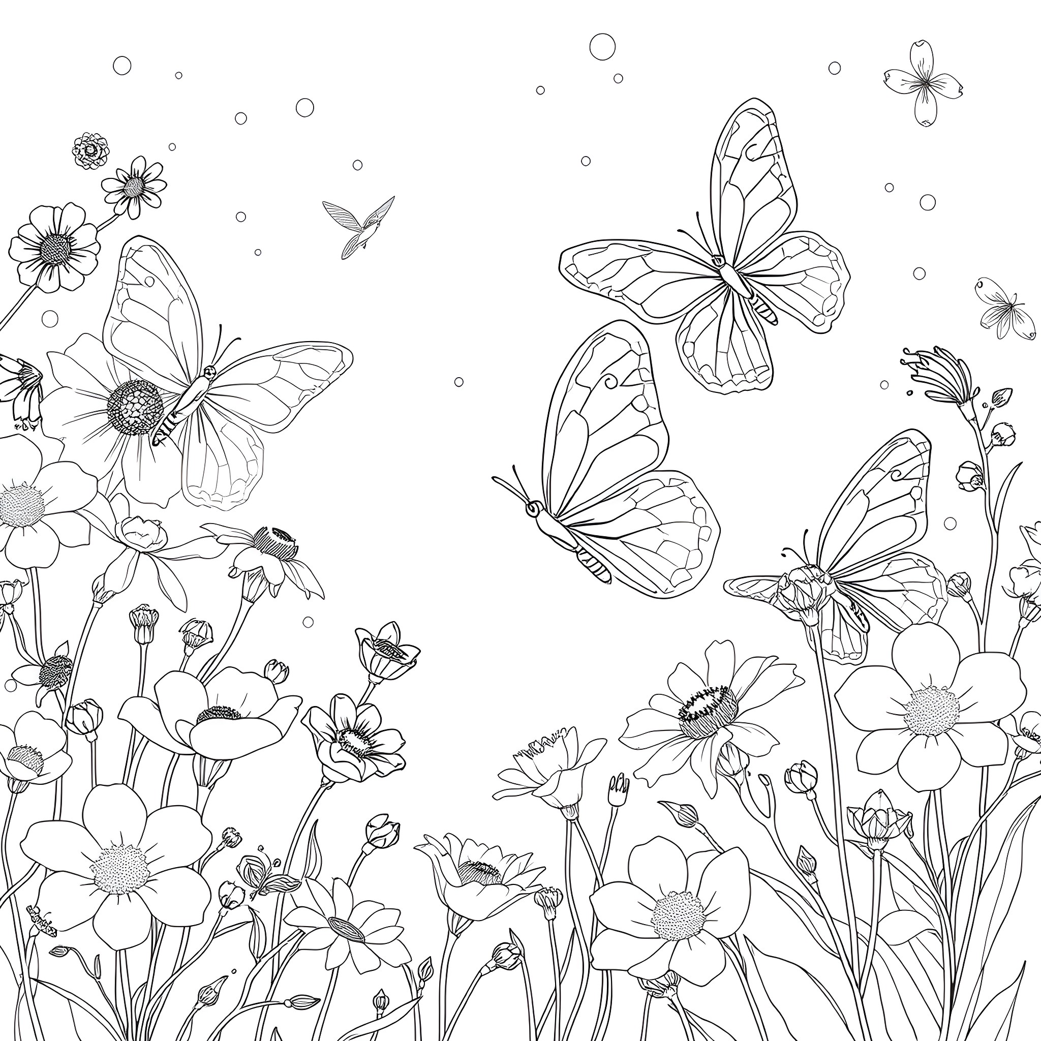 Butterfly garden with floral elements Coloring Page (free black-and-white line drawing printable PDF for all, from beginners to advanced learners, including children, teens, adults, and seniors)