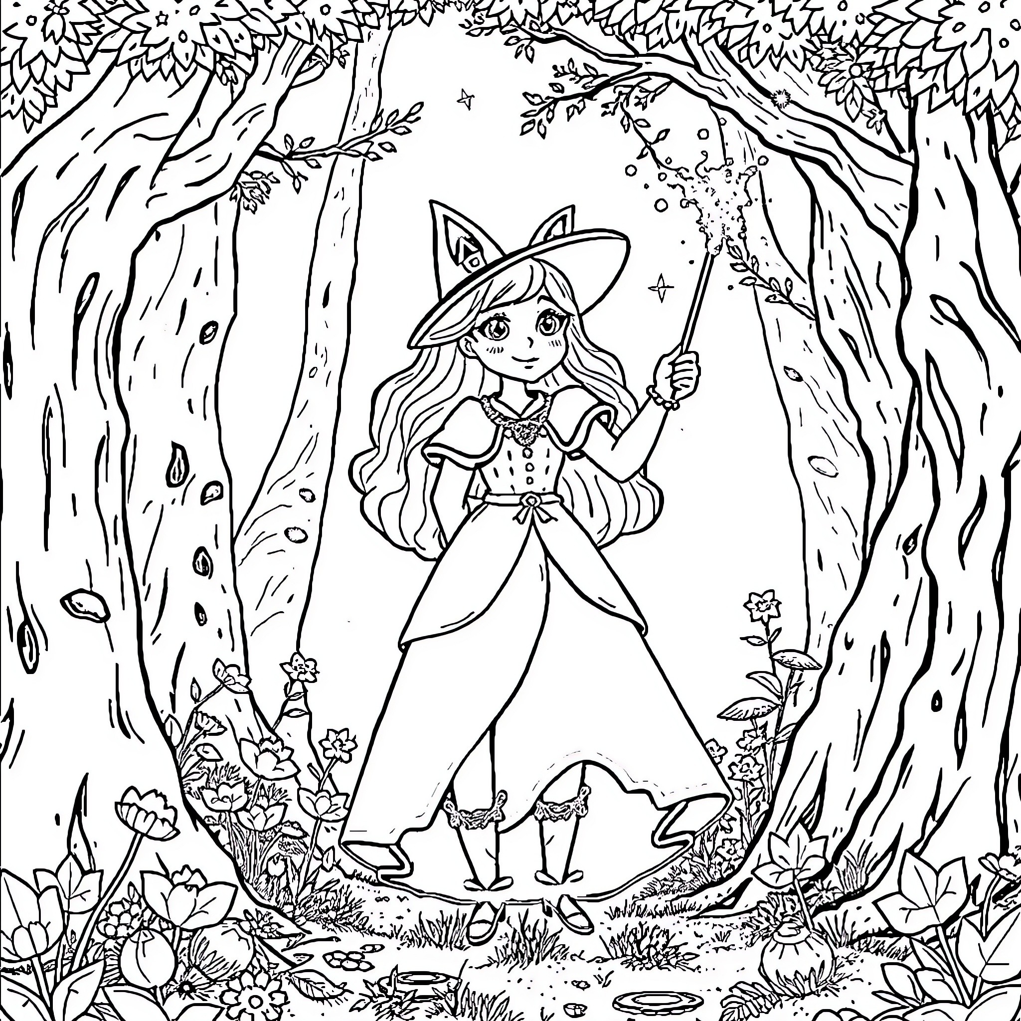 Winnie's Enchanted Forest Adventure Coloring Page (free black-and-white line drawing printable PDF for all, from beginners to advanced learners, including children, teens, adults, and seniors)