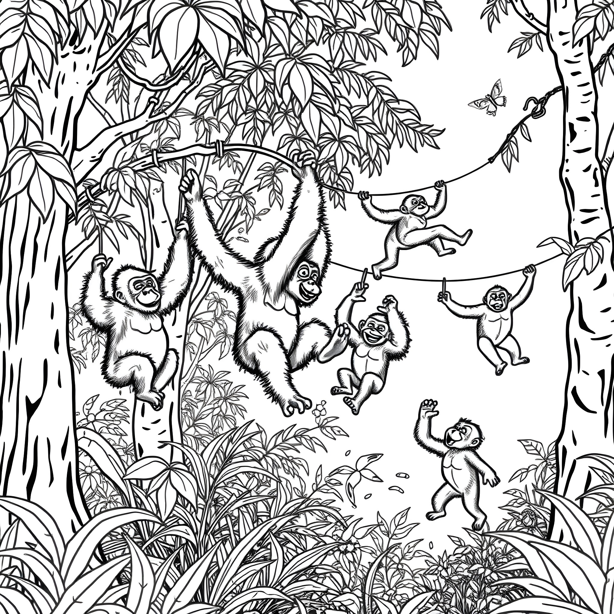 Gorillas swinging playfully in the jungle Coloring Page (free black-and-white line drawing printable PDF for all, from beginners to advanced learners, including children, teens, adults, and seniors)