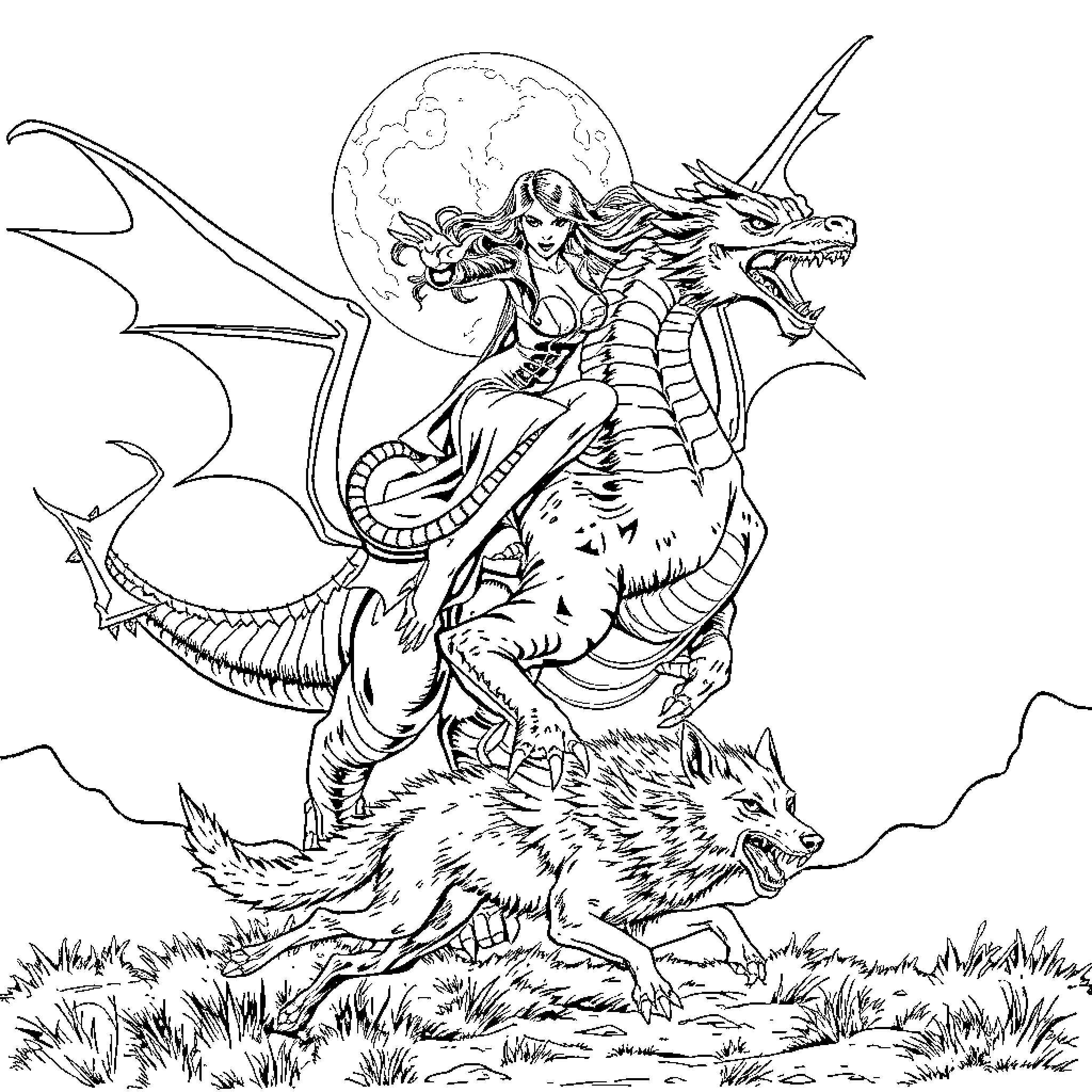 Vampire warrior rides fierce dragon in moonlit landscape Coloring Page (free black-and-white line drawing printable PDF for all, from beginners to advanced learners, including children, teens, adults, and seniors)