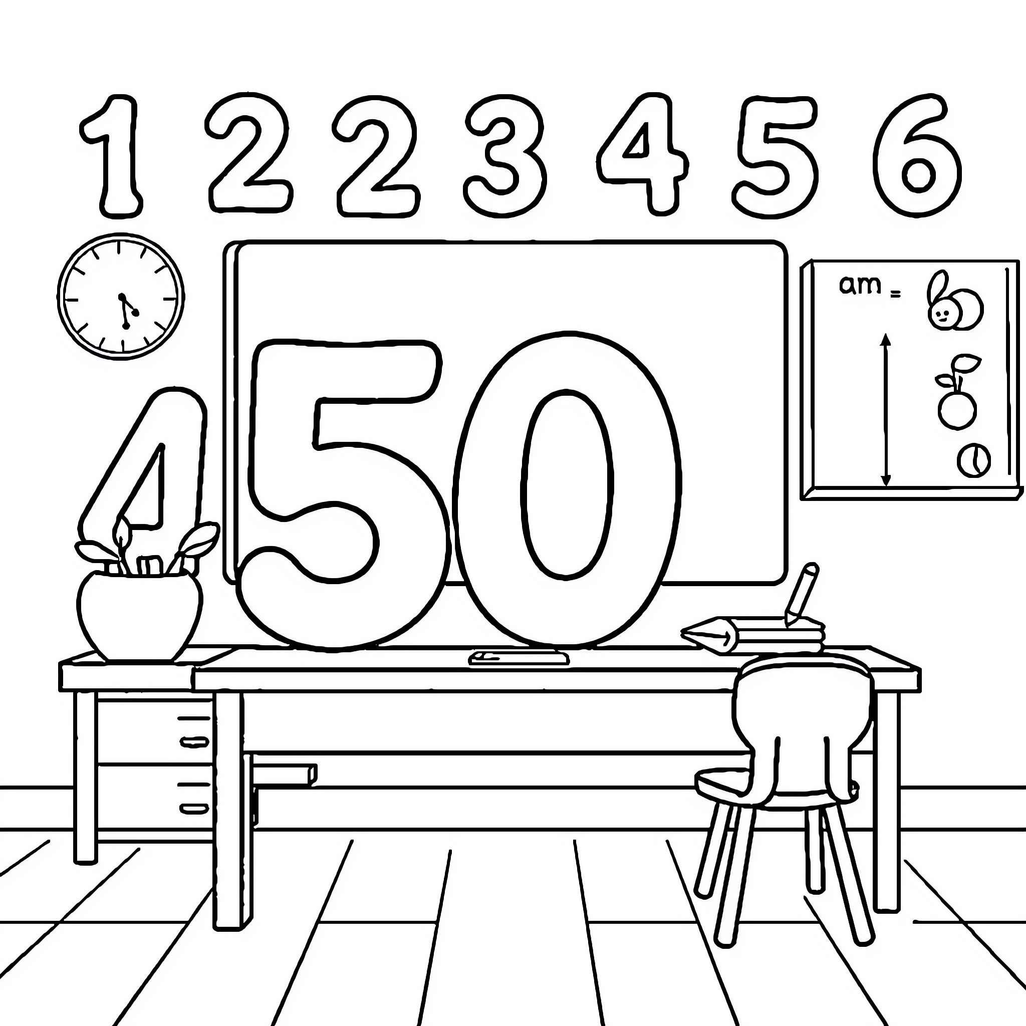 Number 50 Desk with Office Supplies Coloring Page (free black-and-white line drawing printable PDF for all, from beginners to advanced learners, including children, teens, adults, and seniors)
