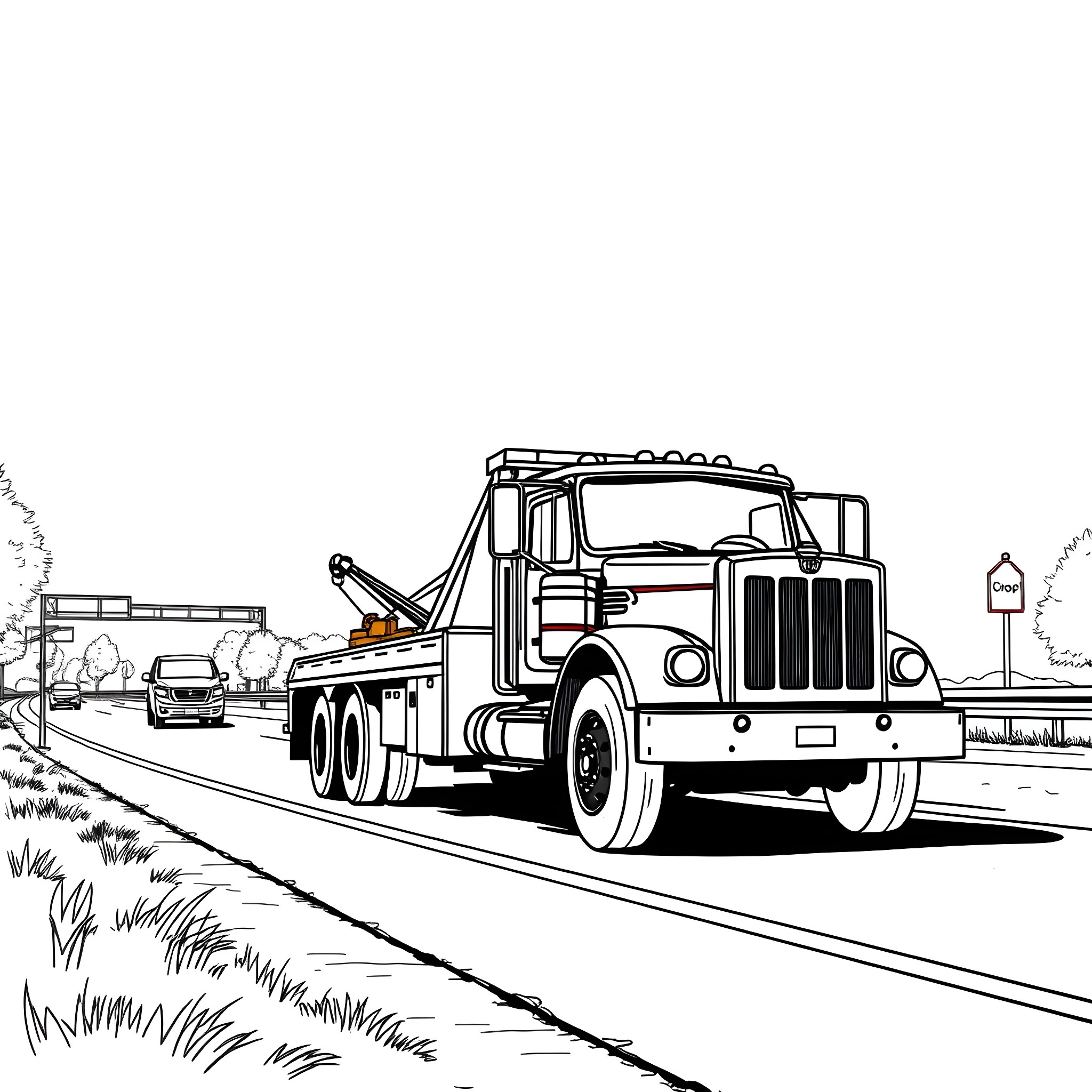 Tow Truck Rescuing Disabled Vehicle on the Road Coloring Page (free black-and-white line drawing printable PDF for all, from beginners to advanced learners, including children, teens, adults, and seniors)