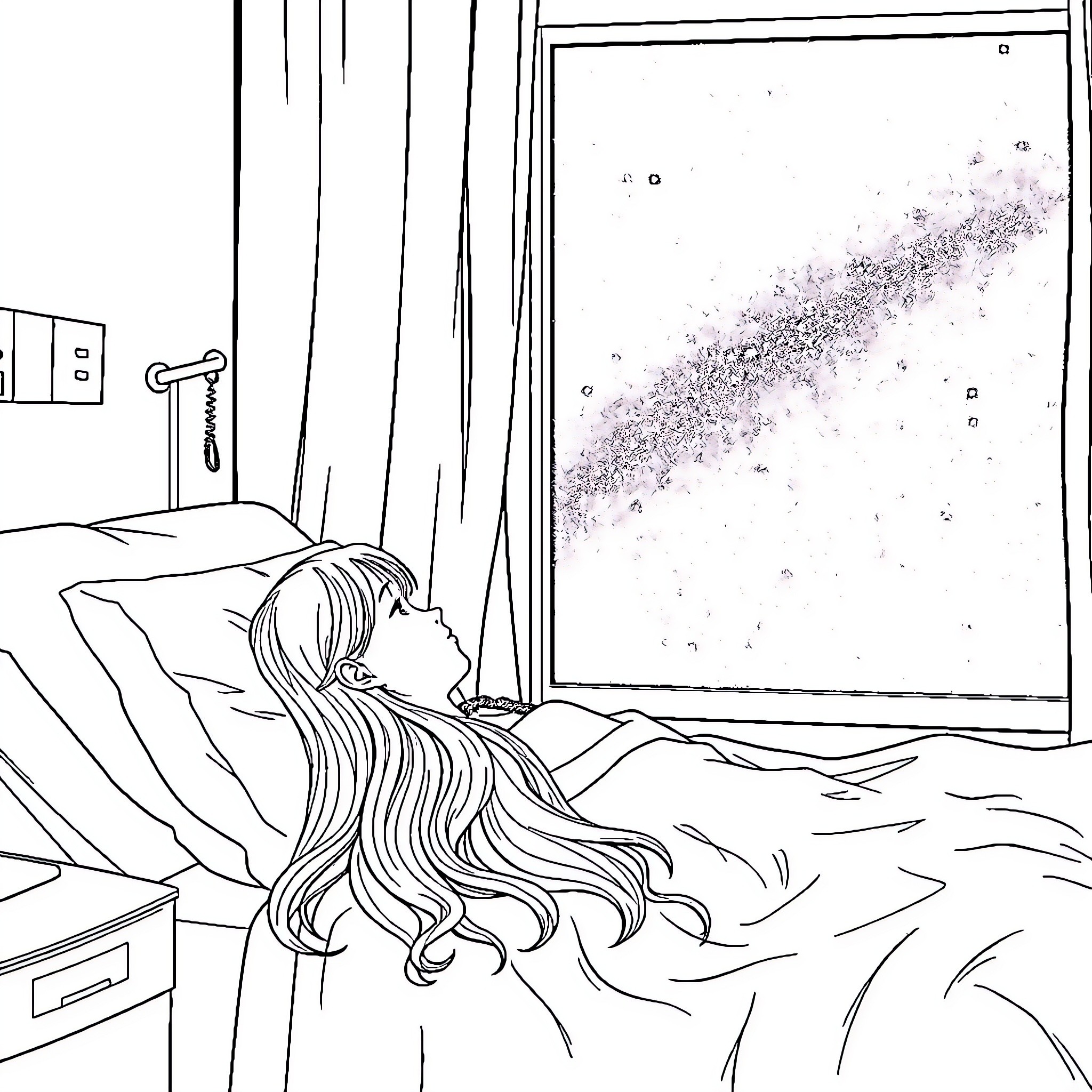 Girl gazing at snowy view through window Coloring Page (free black-and-white line drawing printable PDF for all, from beginners to advanced learners, including children, teens, adults, and seniors)