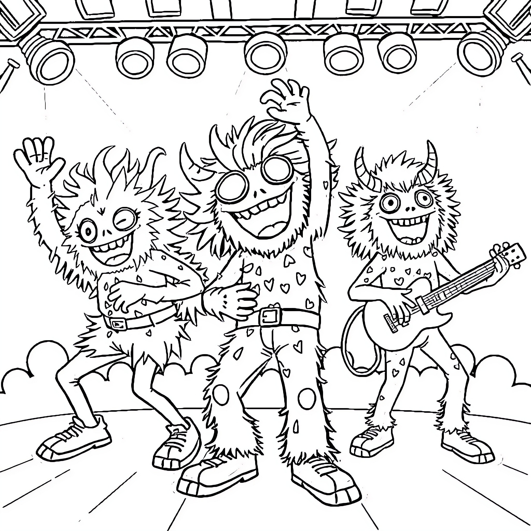 Monster rock band performing on stage Coloring Page (free black-and-white line drawing printable PDF for all, from beginners to advanced learners, including children, teens, adults, and seniors)