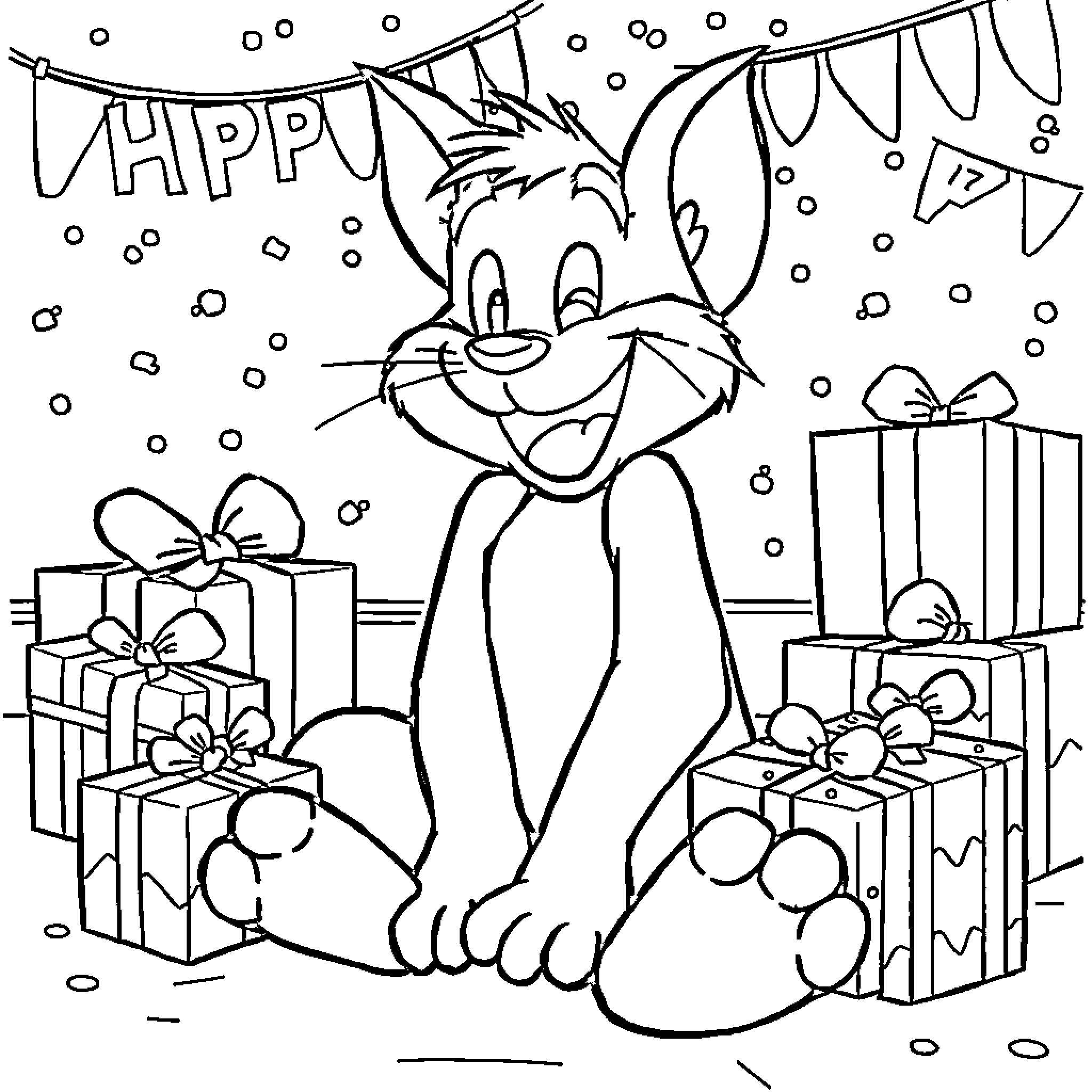 Tom's Joyous Birthday Celebration Coloring Page (free black-and-white line drawing printable PDF for all, from beginners to advanced learners, including children, teens, adults, and seniors)