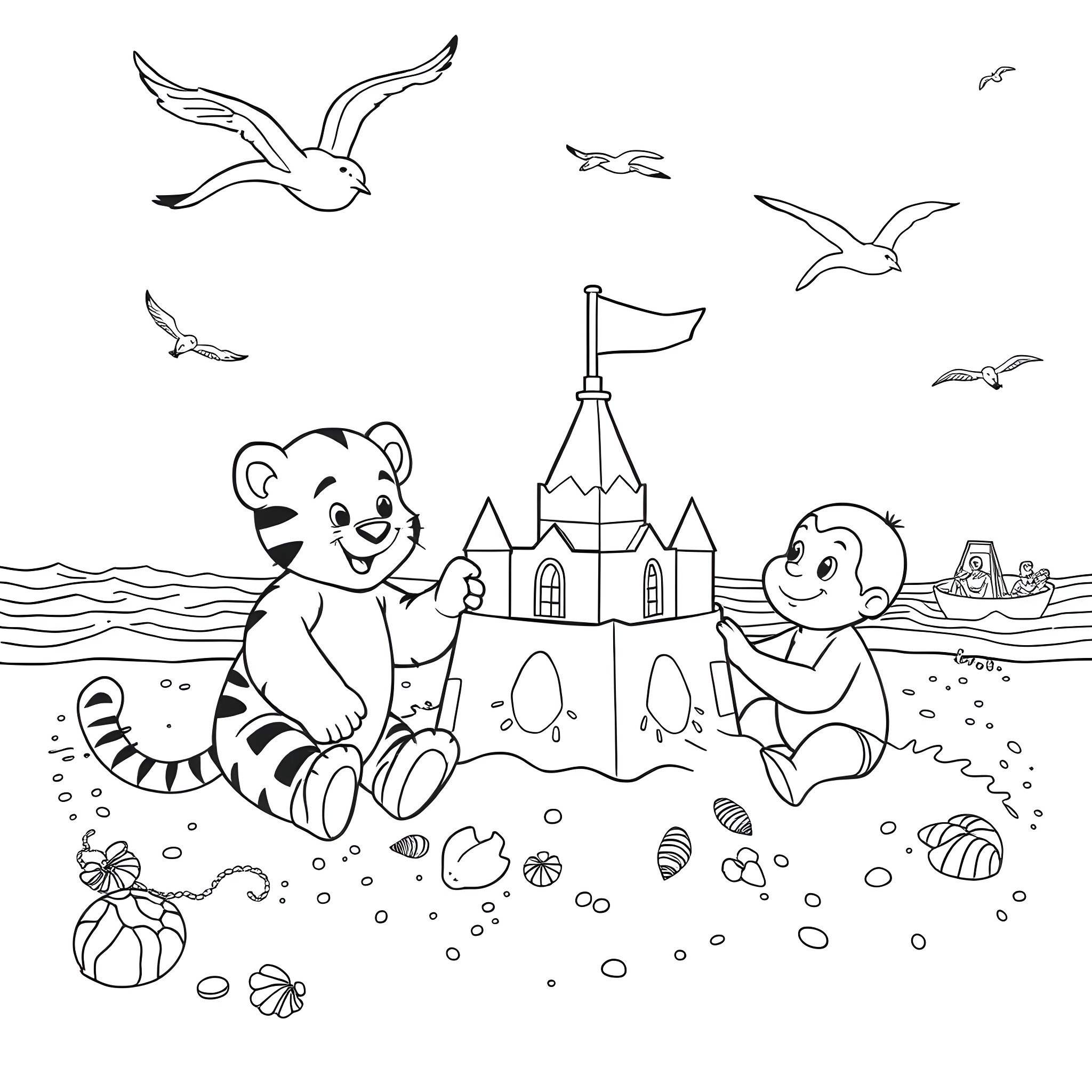 Daniel Tiger and Friends Playing on the Beach Coloring Page (free black-and-white line drawing printable PDF for all, from beginners to advanced learners, including children, teens, adults, and seniors)