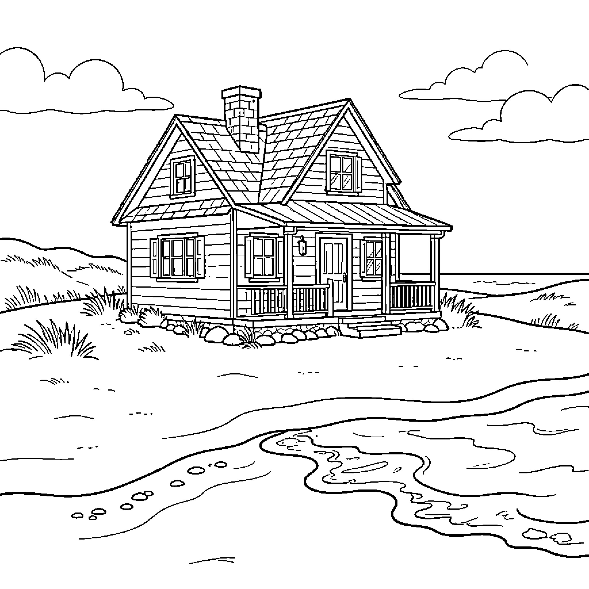 House by the lake with scenic landscape Coloring Page (free black-and-white line drawing printable PDF for all, from beginners to advanced learners, including children, teens, adults, and seniors)