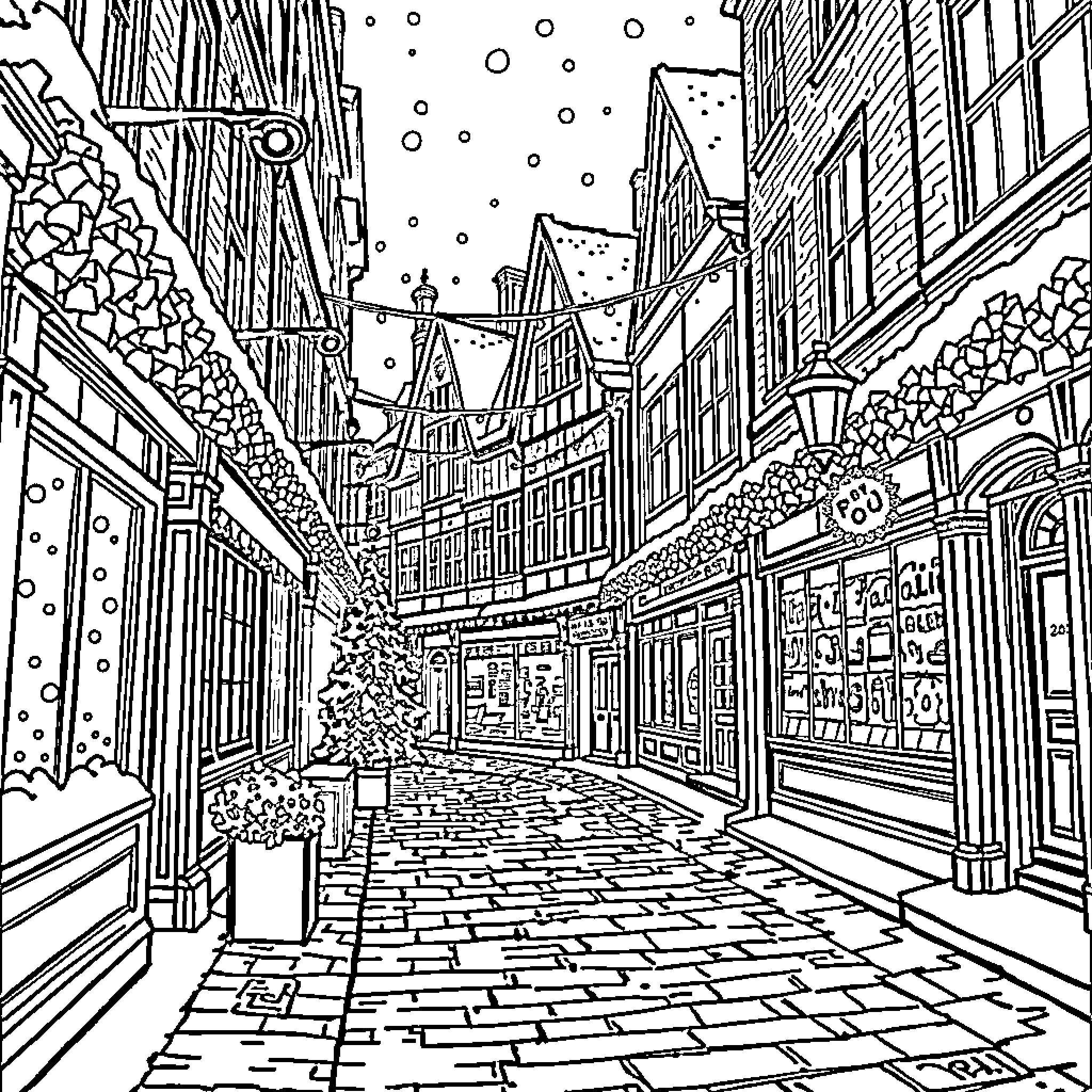 Christmas in the Snowy Village Street Coloring Page (free black-and-white line drawing printable PDF for all, from beginners to advanced learners, including children, teens, adults, and seniors)