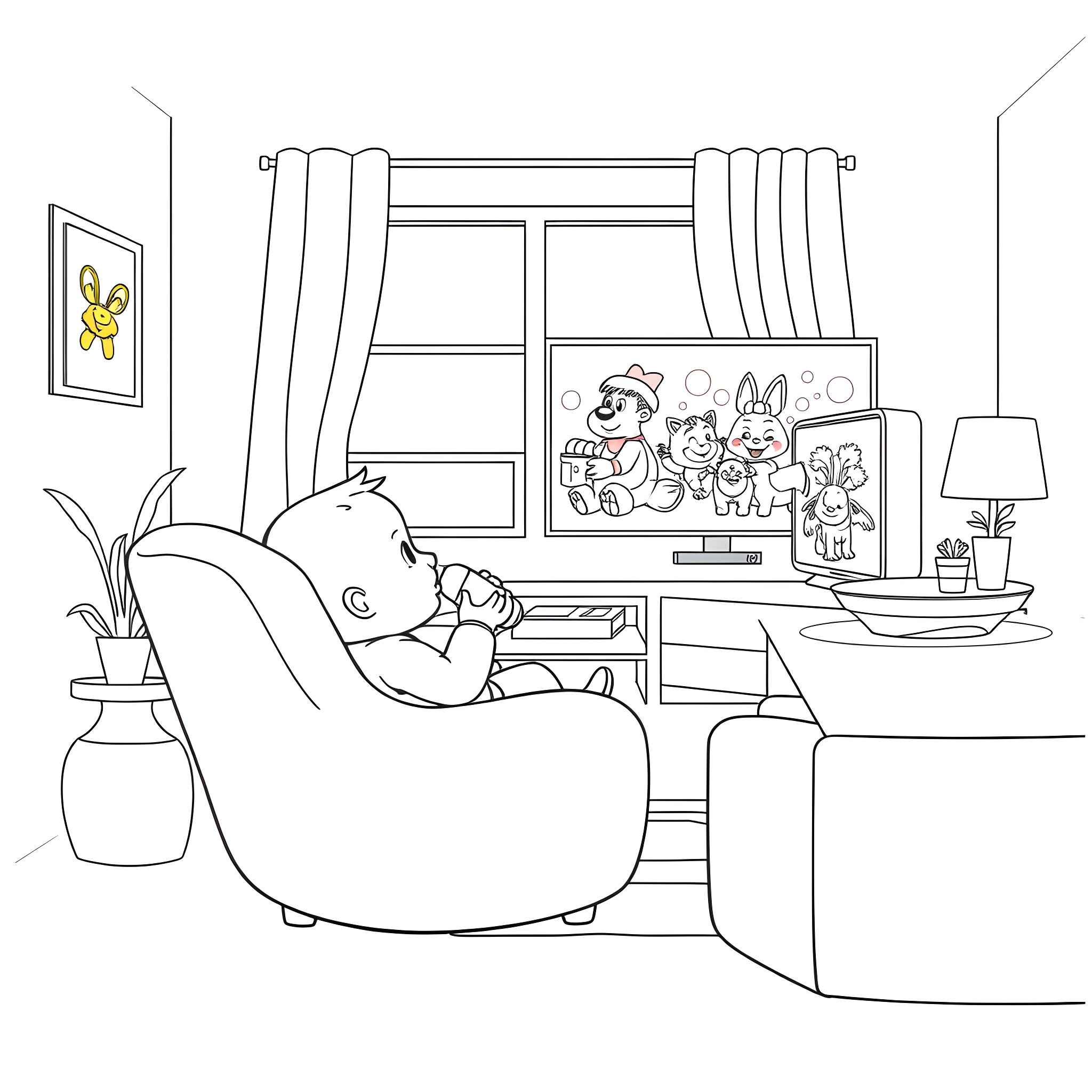 Baby enjoying a cozy day at home Coloring Page (free black-and-white line drawing printable PDF for all, from beginners to advanced learners, including children, teens, adults, and seniors)