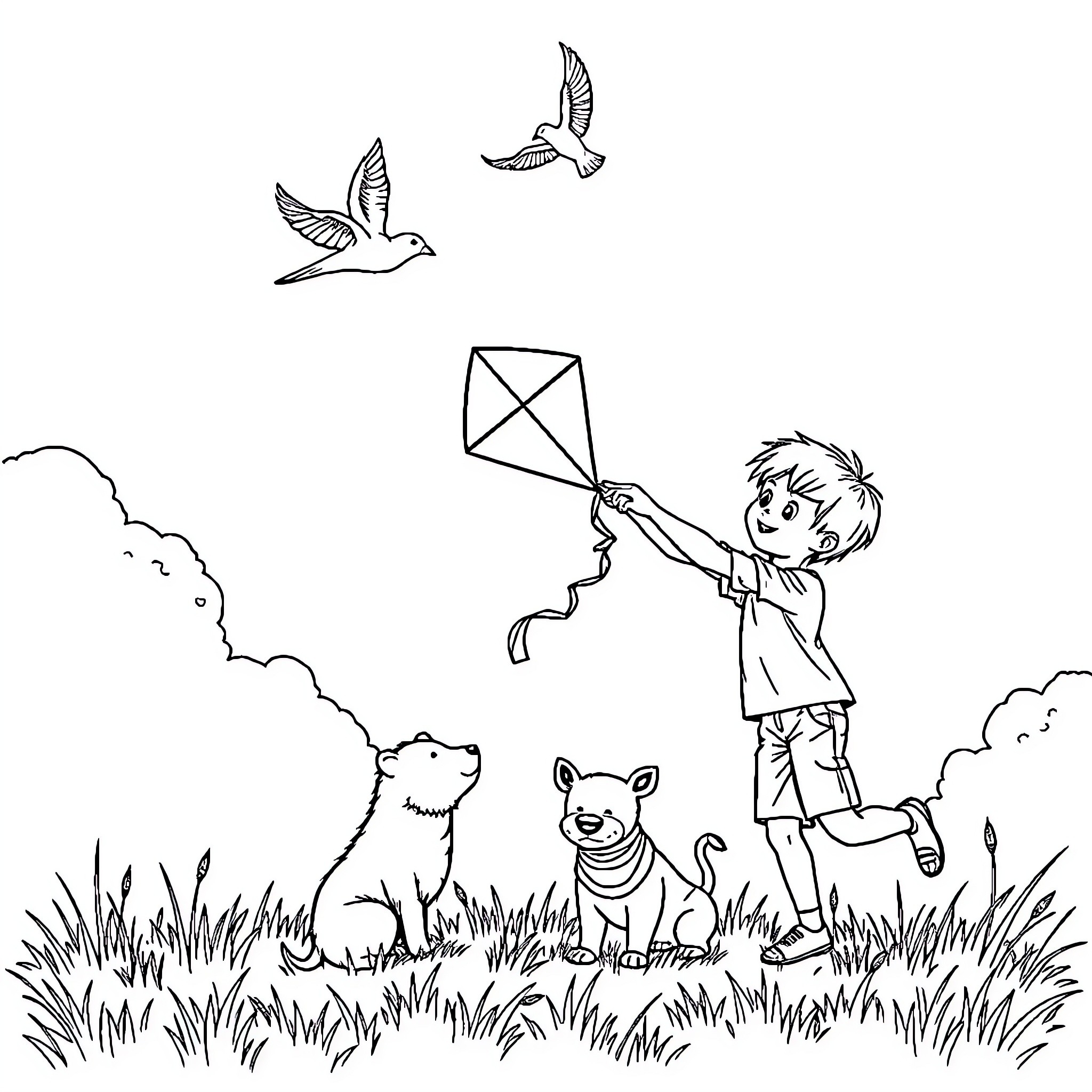 Boy flying kite with playful pets in the meadow Coloring Page (free black-and-white line drawing printable PDF for all, from beginners to advanced learners, including children, teens, adults, and seniors)