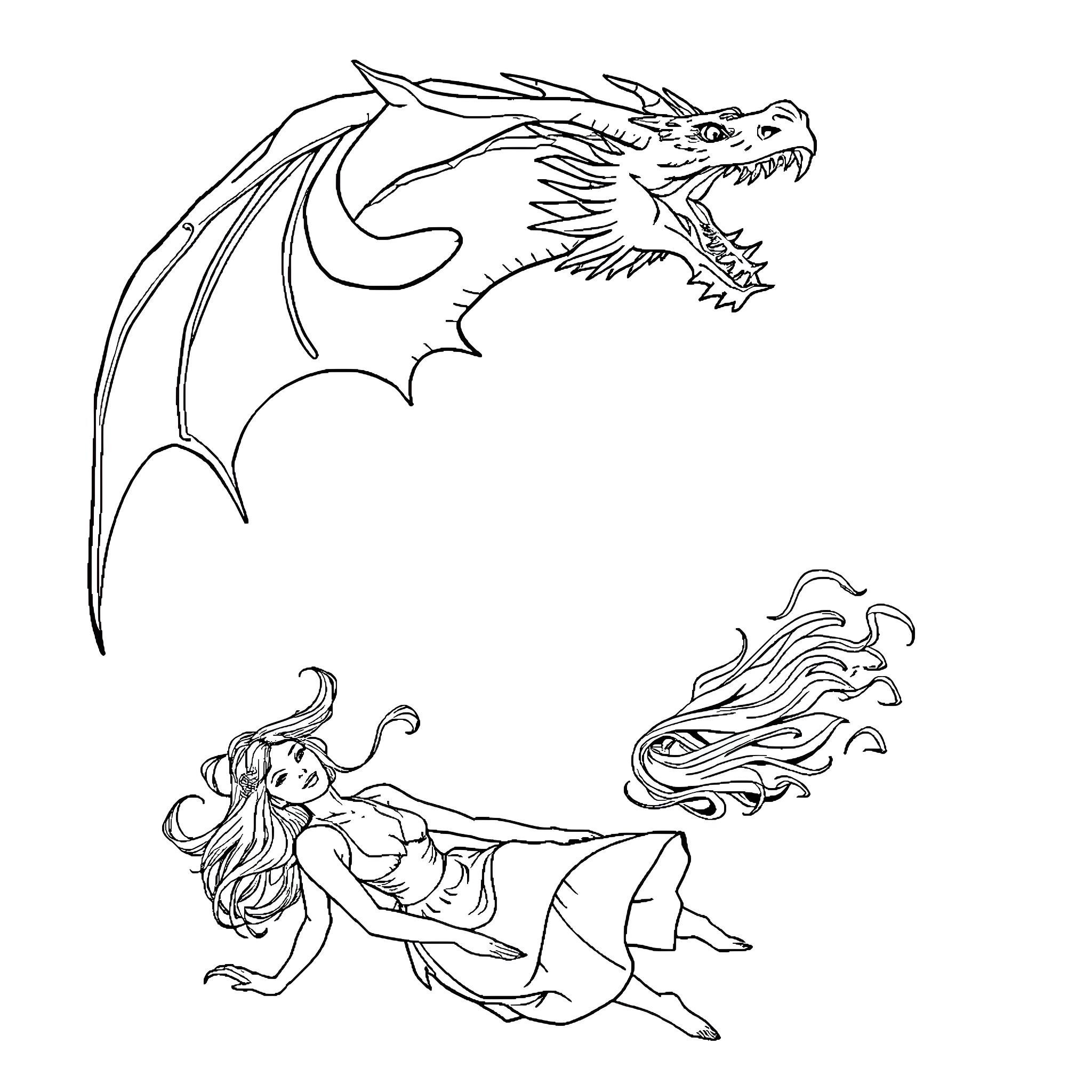 Dragon's Mystical Encounter with Ethereal Maiden Coloring Page (free black-and-white line drawing printable PDF for all, from beginners to advanced learners, including children, teens, adults, and seniors)