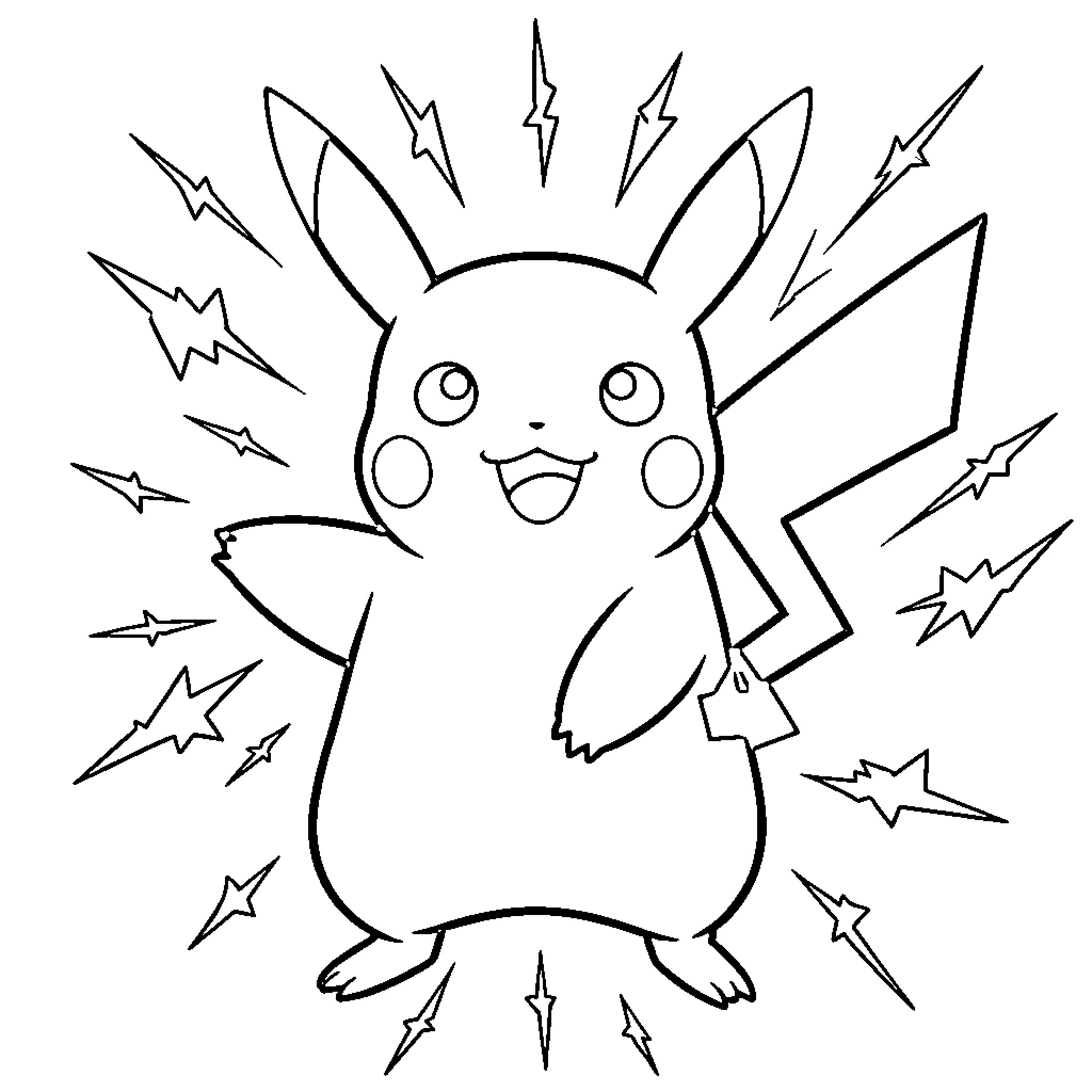 Pikachu surrounded by electric sparks Coloring Page (free black-and-white line drawing printable PDF for all, from beginners to advanced learners, including children, teens, adults, and seniors)