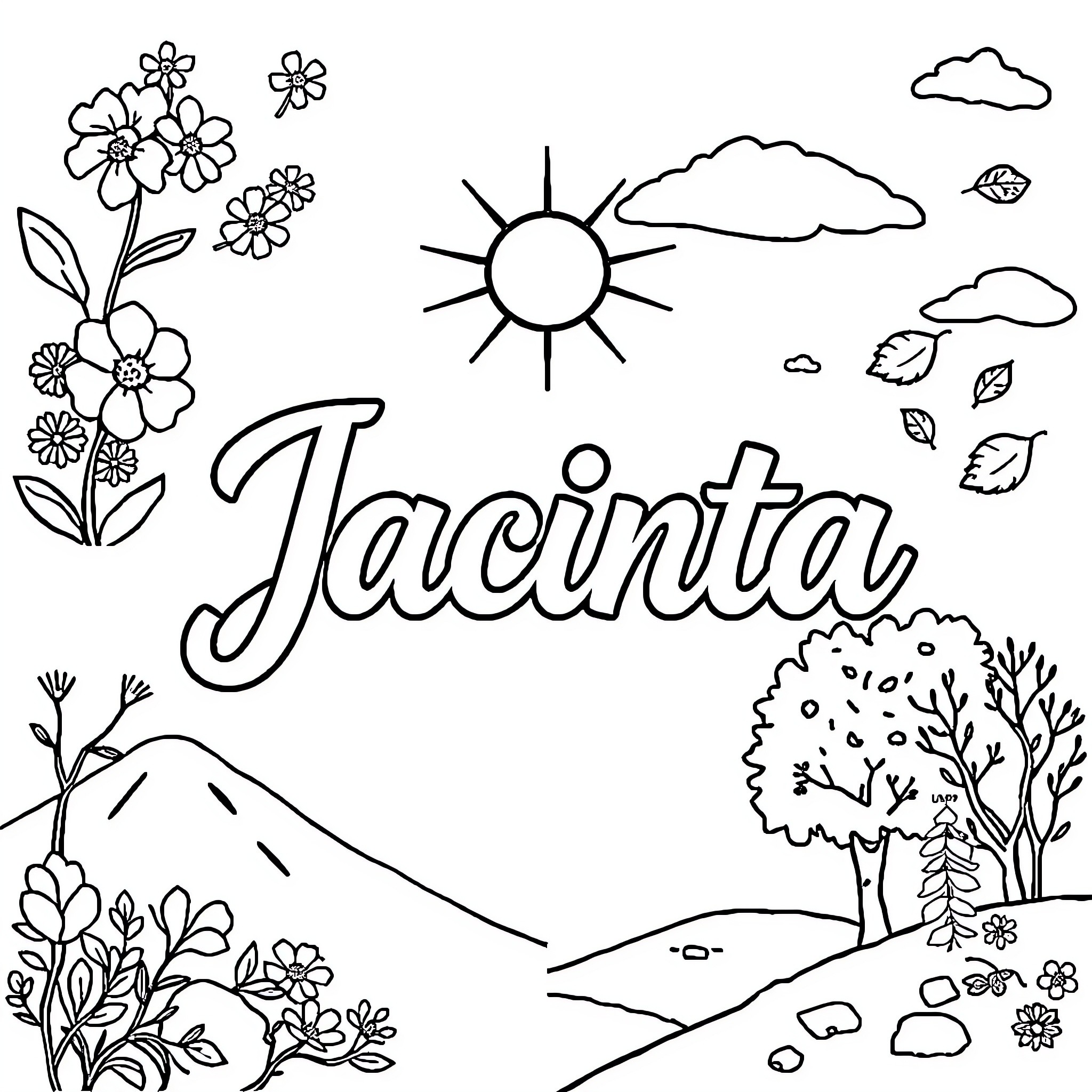 Jacinta enjoying nature's beauty in the outdoors Coloring Page (free black-and-white line drawing printable PDF for all, from beginners to advanced learners, including children, teens, adults, and seniors)