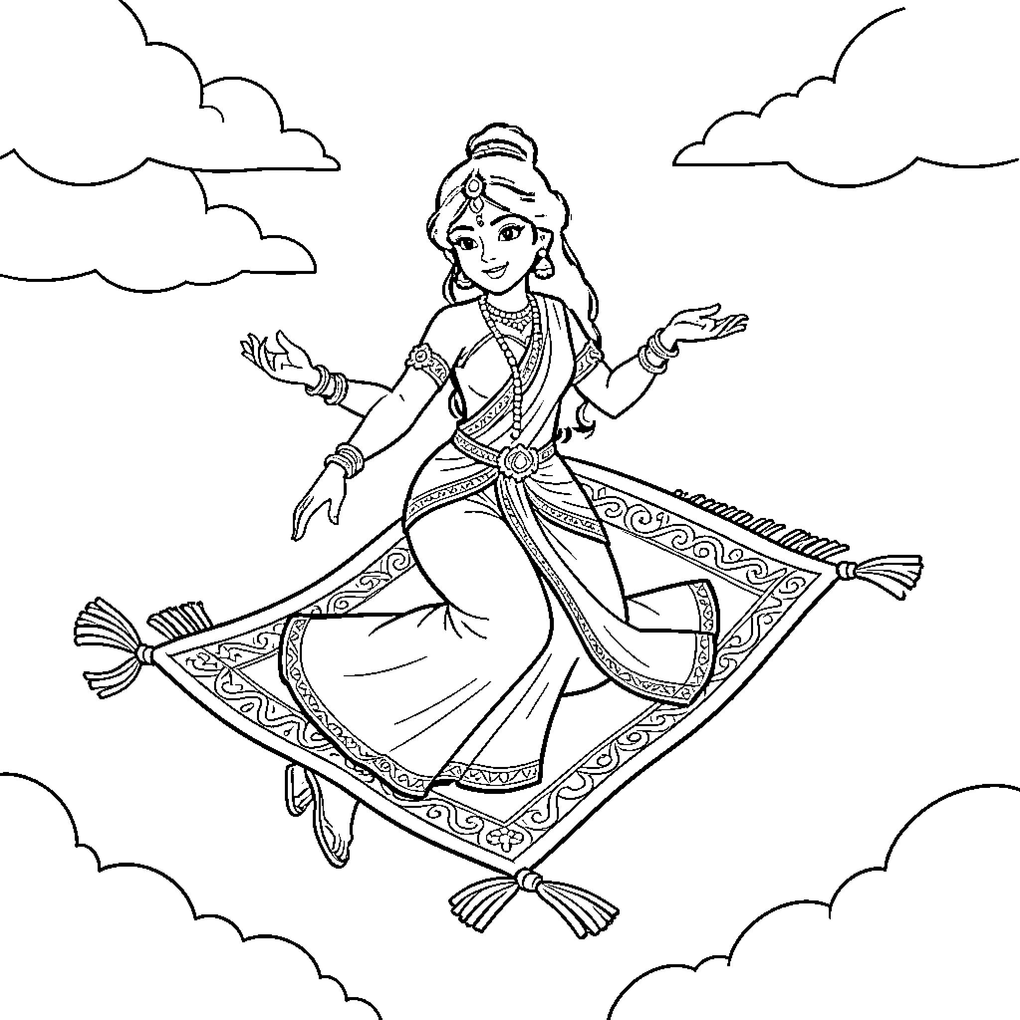 Jasmine sitting gracefully on a flying magic carpet Coloring Page (free black-and-white line drawing printable PDF for all, from beginners to advanced learners, including children, teens, adults, and seniors)