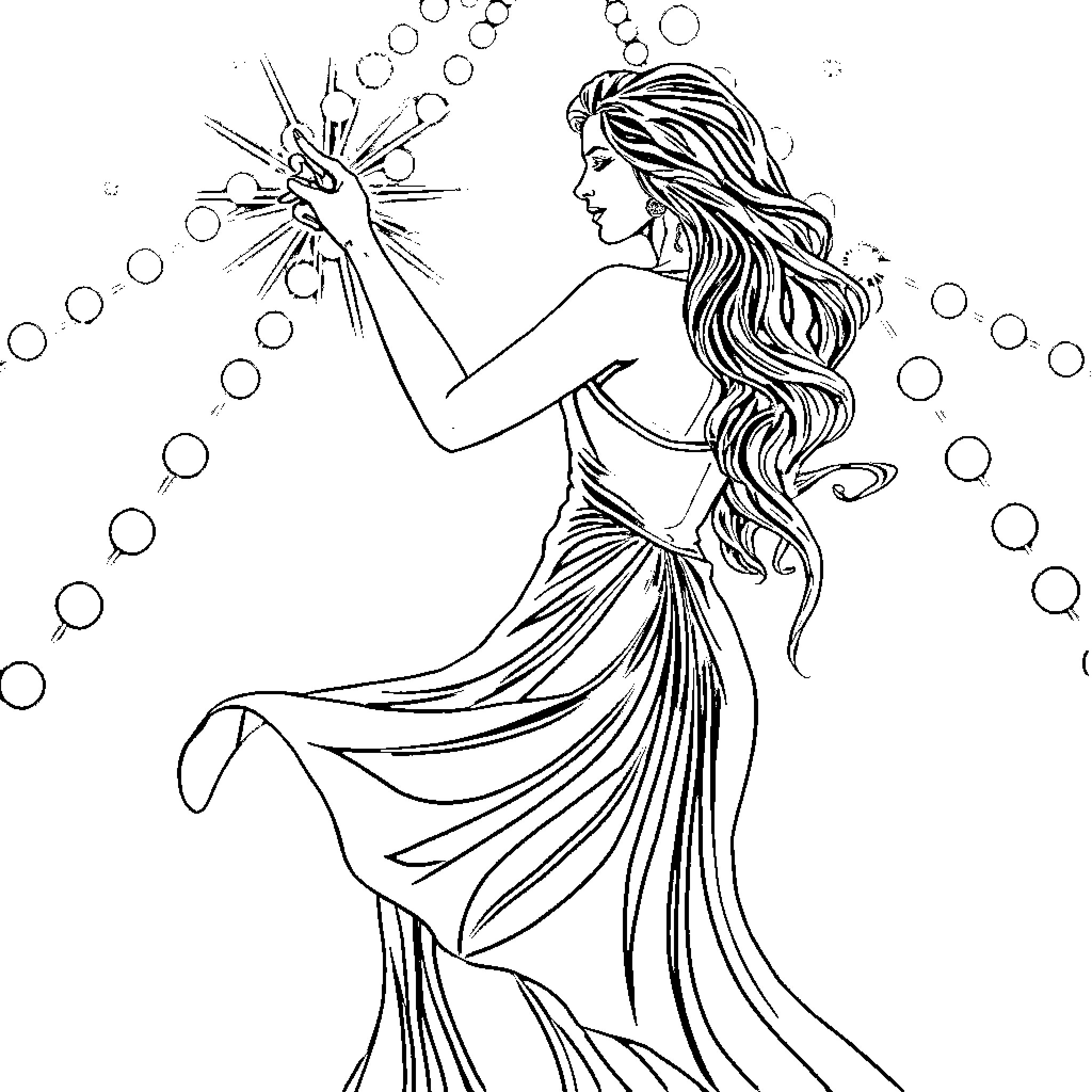 Woman with flowing hair creating magical sparks Coloring Page (free black-and-white line drawing printable PDF for all, from beginners to advanced learners, including children, teens, adults, and seniors)
