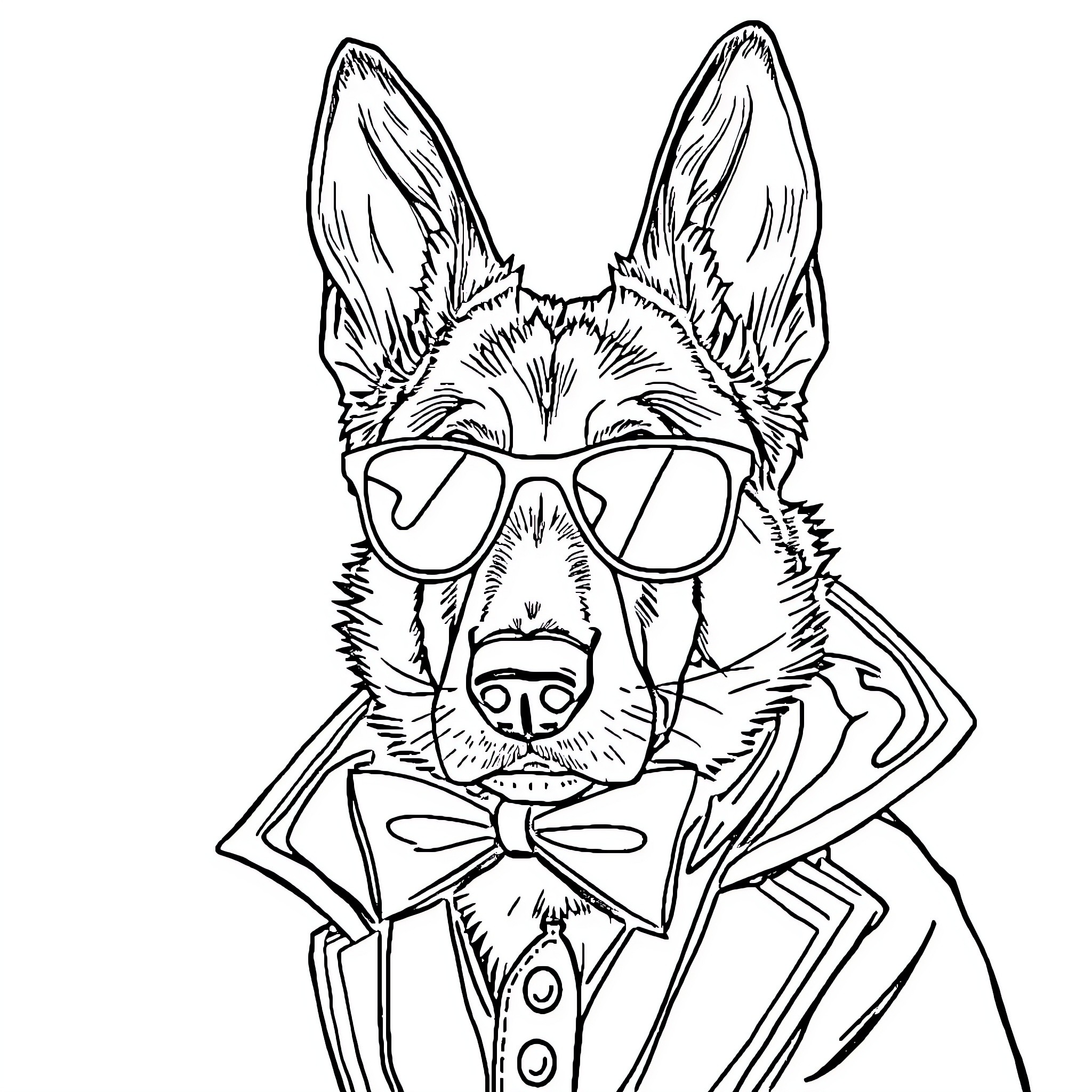 Dog dressed in formal attire with sunglasses Coloring Page (free black-and-white line drawing printable PDF for all, from beginners to advanced learners, including children, teens, adults, and seniors)