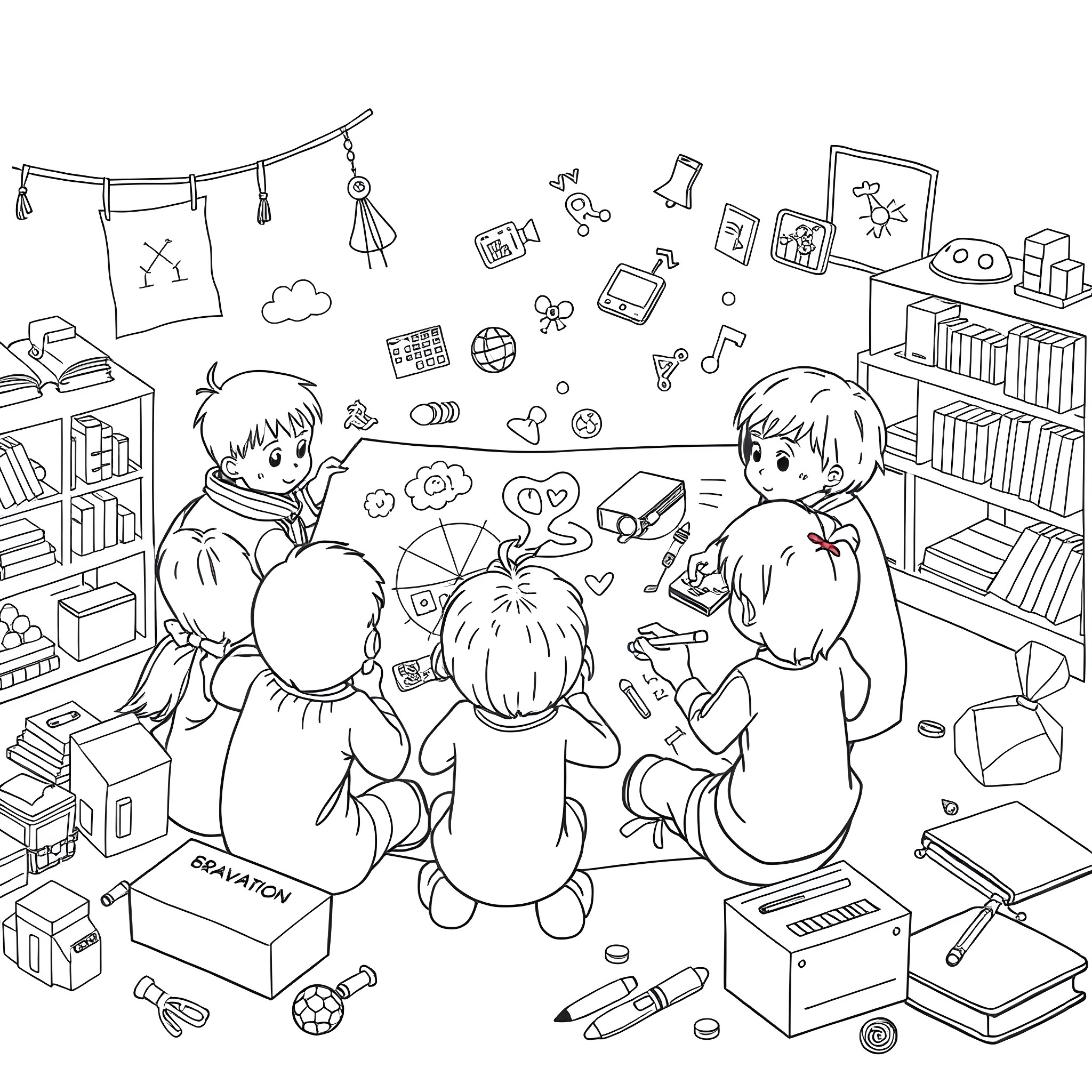 Children engaged in creative activities in the classroom Coloring Page (free black-and-white line drawing printable PDF for all, from beginners to advanced learners, including children, teens, adults, and seniors)