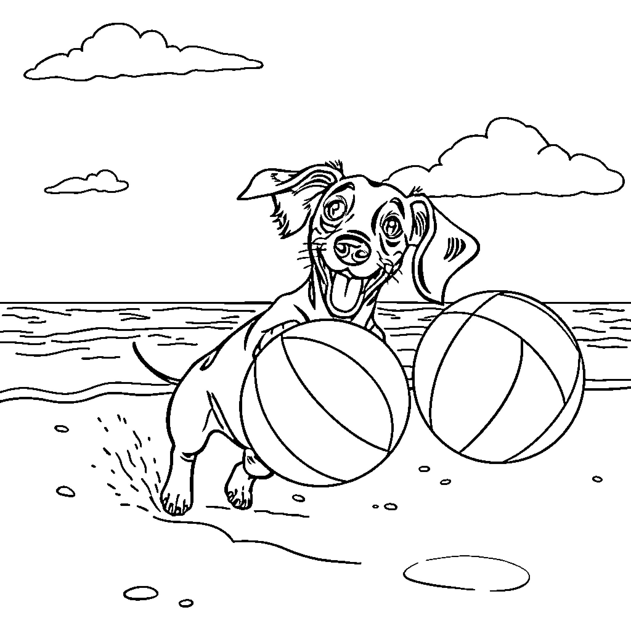 Dachshund playing happily with beach balls on the shore Coloring Page (free black-and-white line drawing printable PDF for all, from beginners to advanced learners, including children, teens, adults, and seniors)