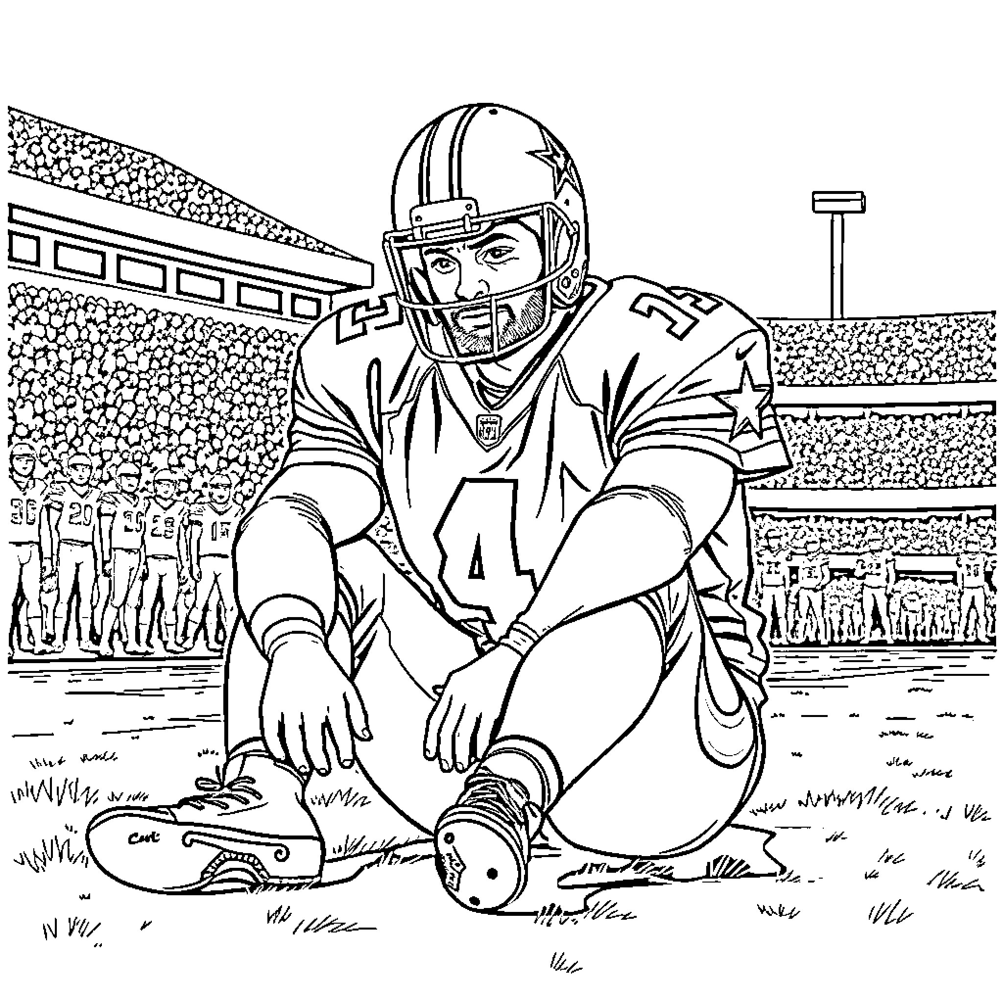 Tony Romo crouching on the football field Coloring Page (free black-and-white line drawing printable PDF for all, from beginners to advanced learners, including children, teens, adults, and seniors)