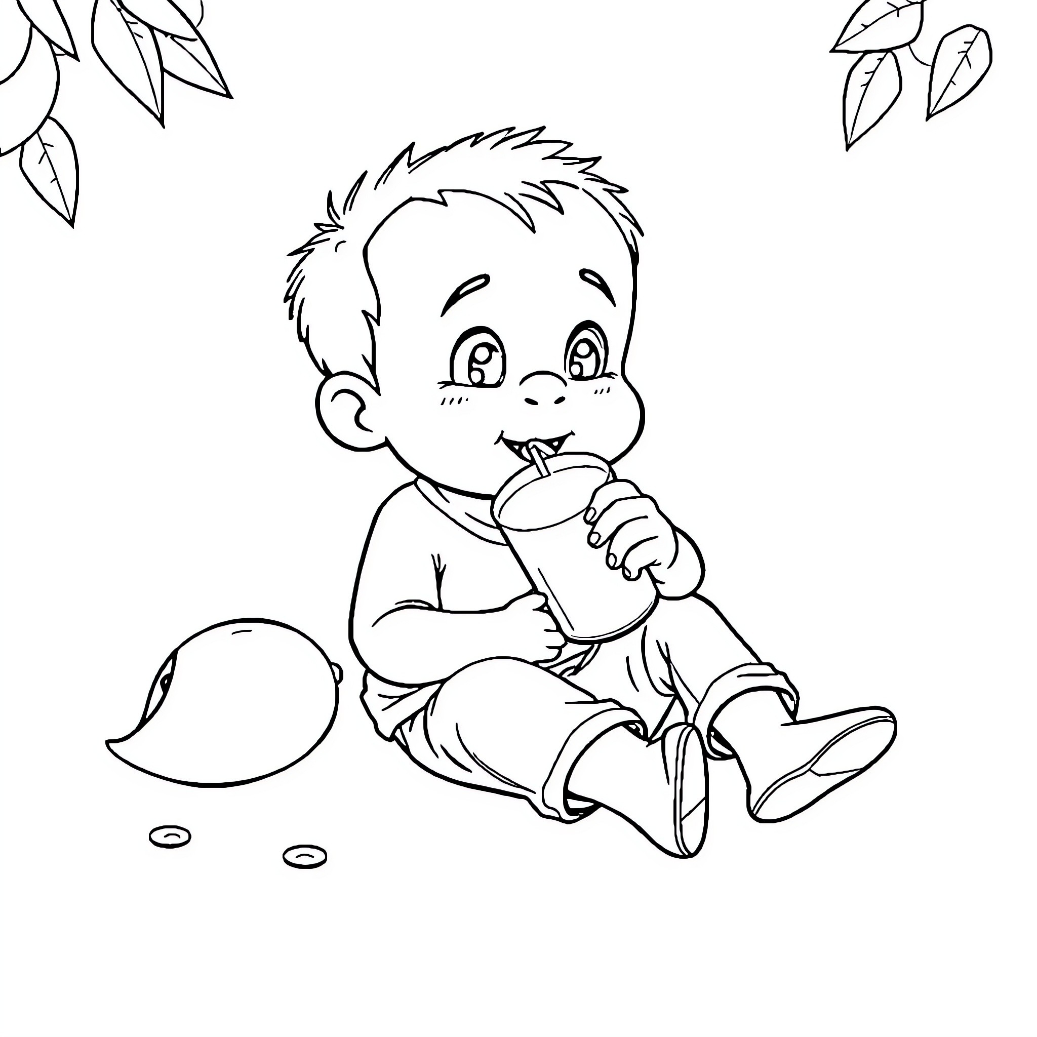 Niño enjoying a lollipop in nature Coloring Page (free black-and-white line drawing printable PDF for all, from beginners to advanced learners, including children, teens, adults, and seniors)