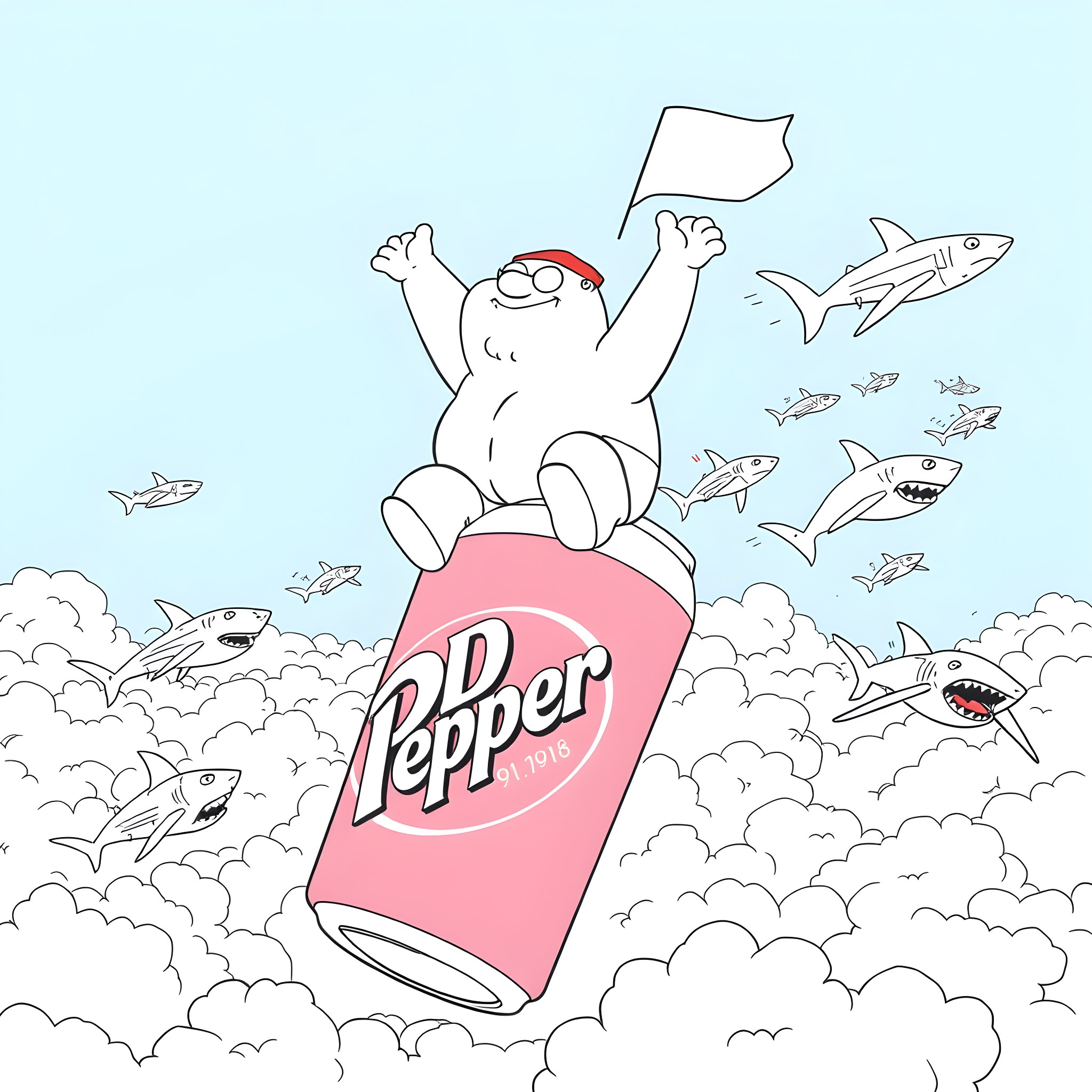 Peter Griffin celebrates on a Pepper can surrounded by sharks Coloring Page (free black-and-white line drawing printable PDF for all, from beginners to advanced learners, including children, teens, adults, and seniors)