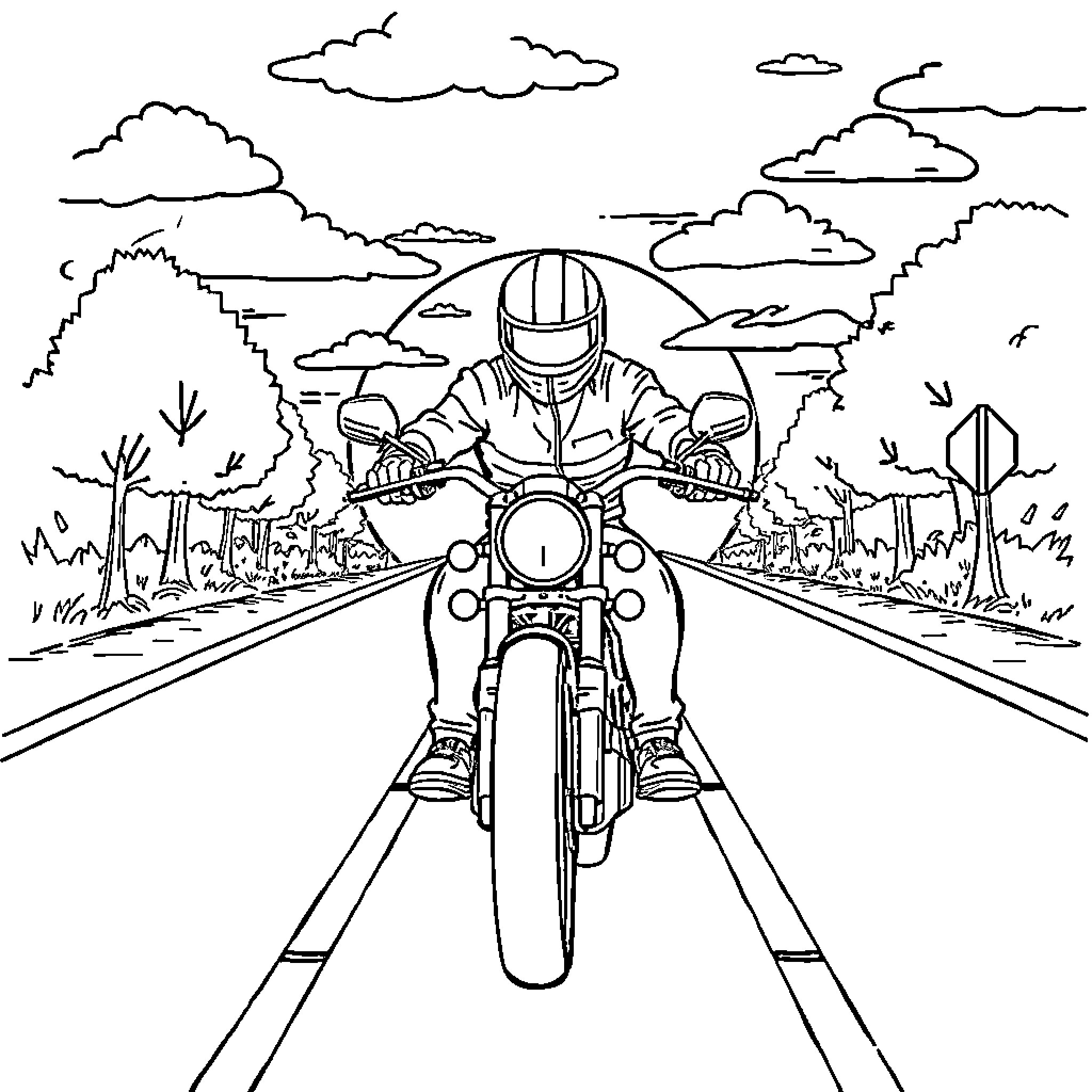 Bike rider on the open road Coloring Page (free black-and-white line drawing printable PDF for all, from beginners to advanced learners, including children, teens, adults, and seniors)