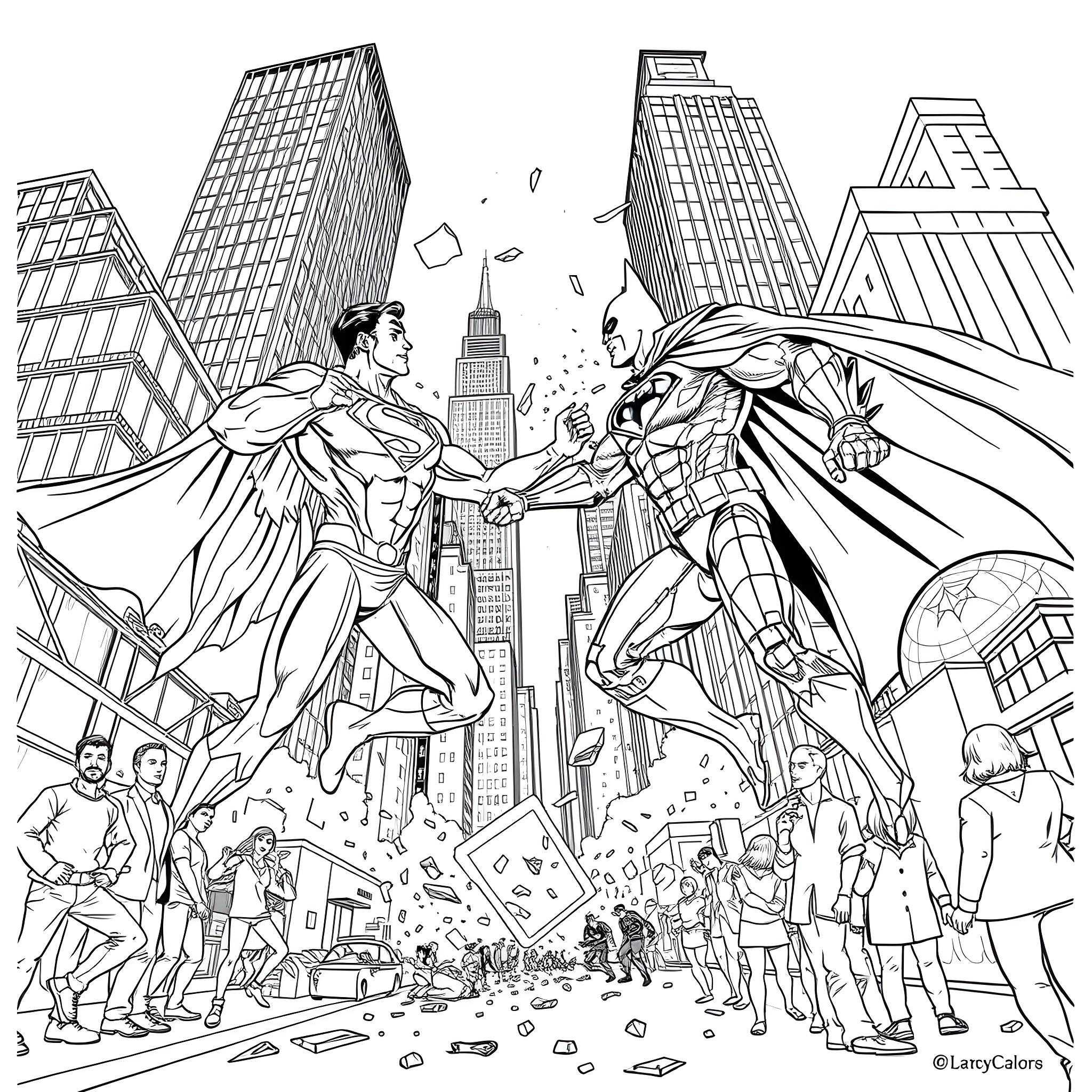 Superman Battles Iconic Superhero in Cityscape Coloring Page (free black-and-white line drawing printable PDF for all, from beginners to advanced learners, including children, teens, adults, and seniors)