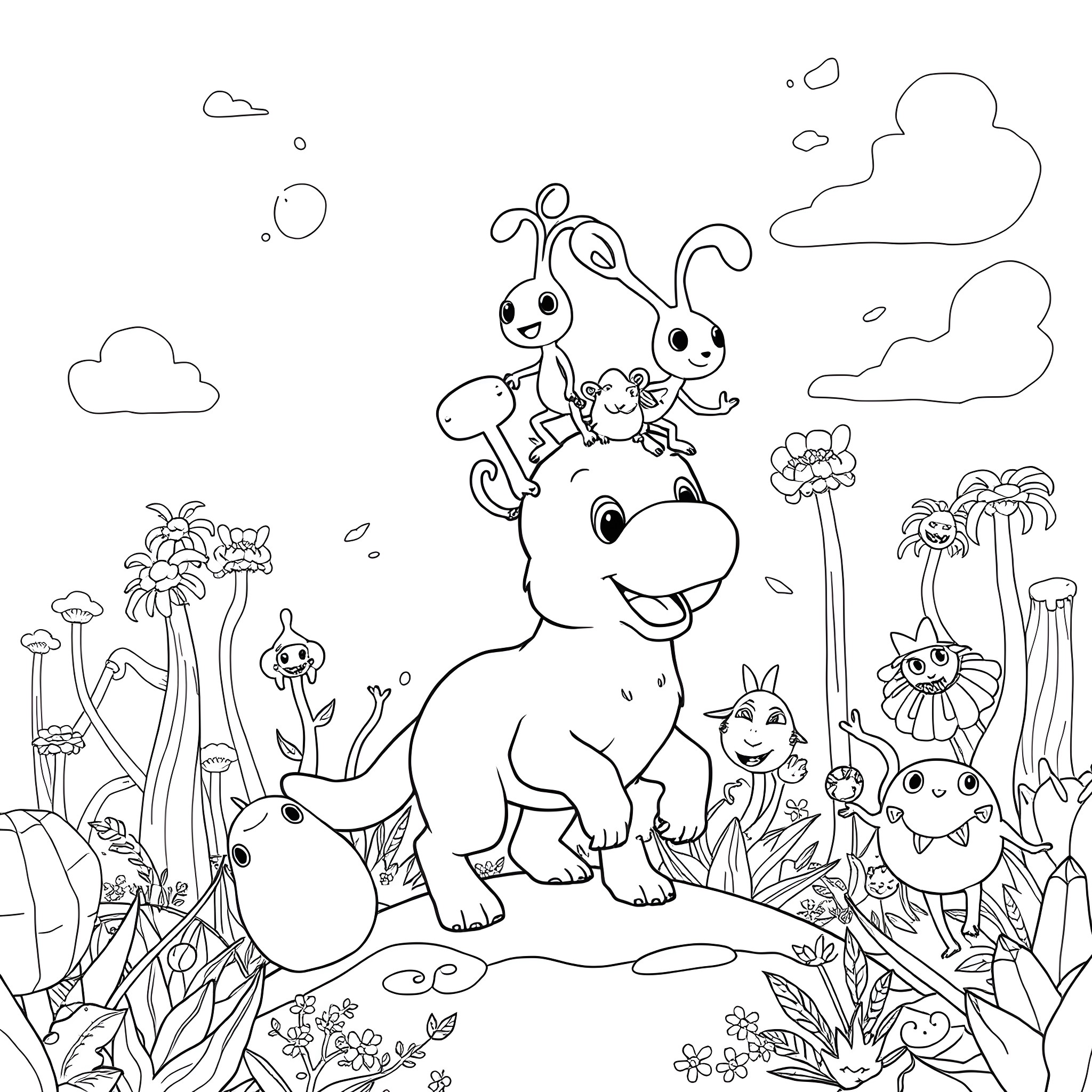 Pikmin exploring lush and whimsical fantasy landscape Coloring Page (free black-and-white line drawing printable PDF for all, from beginners to advanced learners, including children, teens, adults, and seniors)