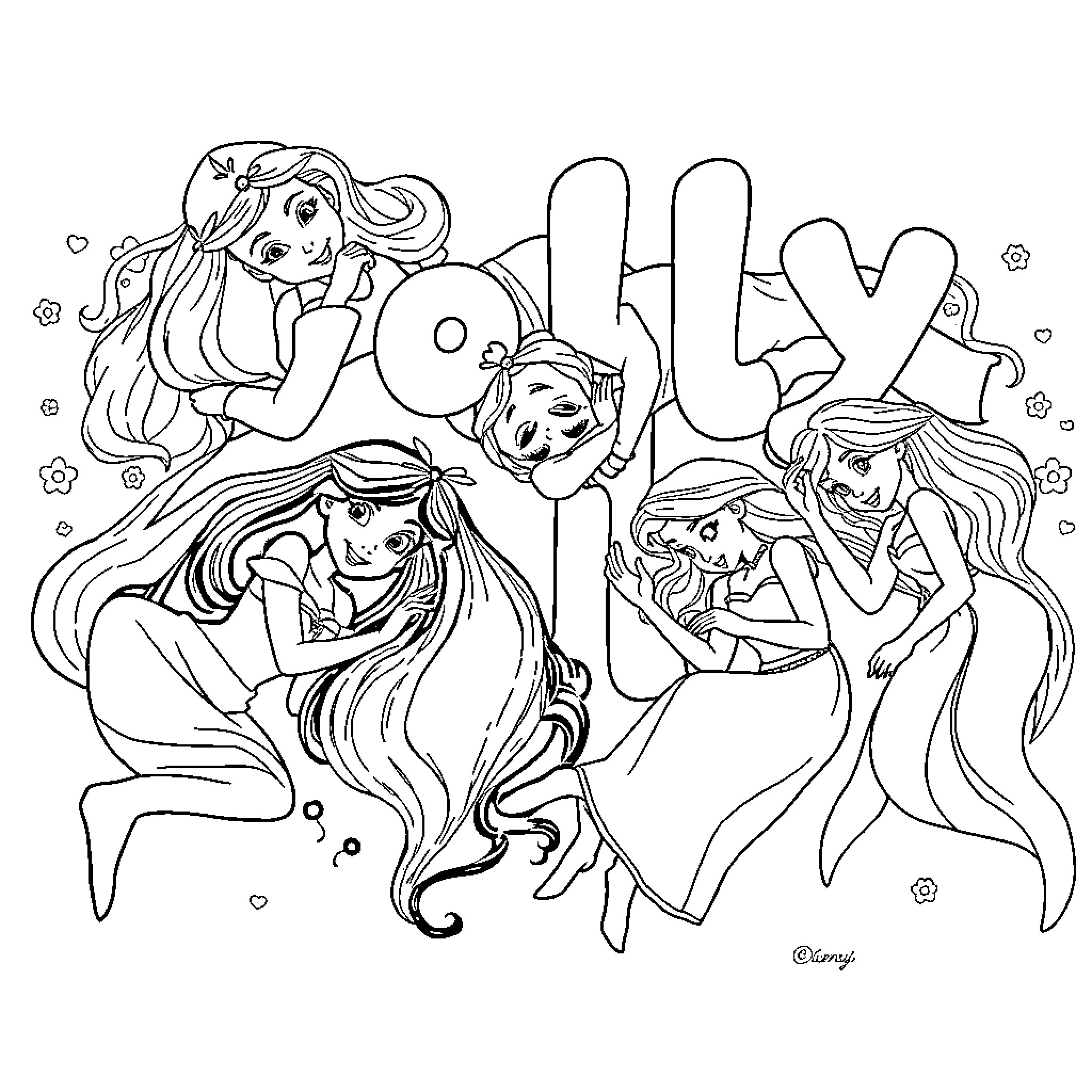 Disney Princess Cheerful Celebration Coloring Page (free black-and-white line drawing printable PDF for all, from beginners to advanced learners, including children, teens, adults, and seniors)