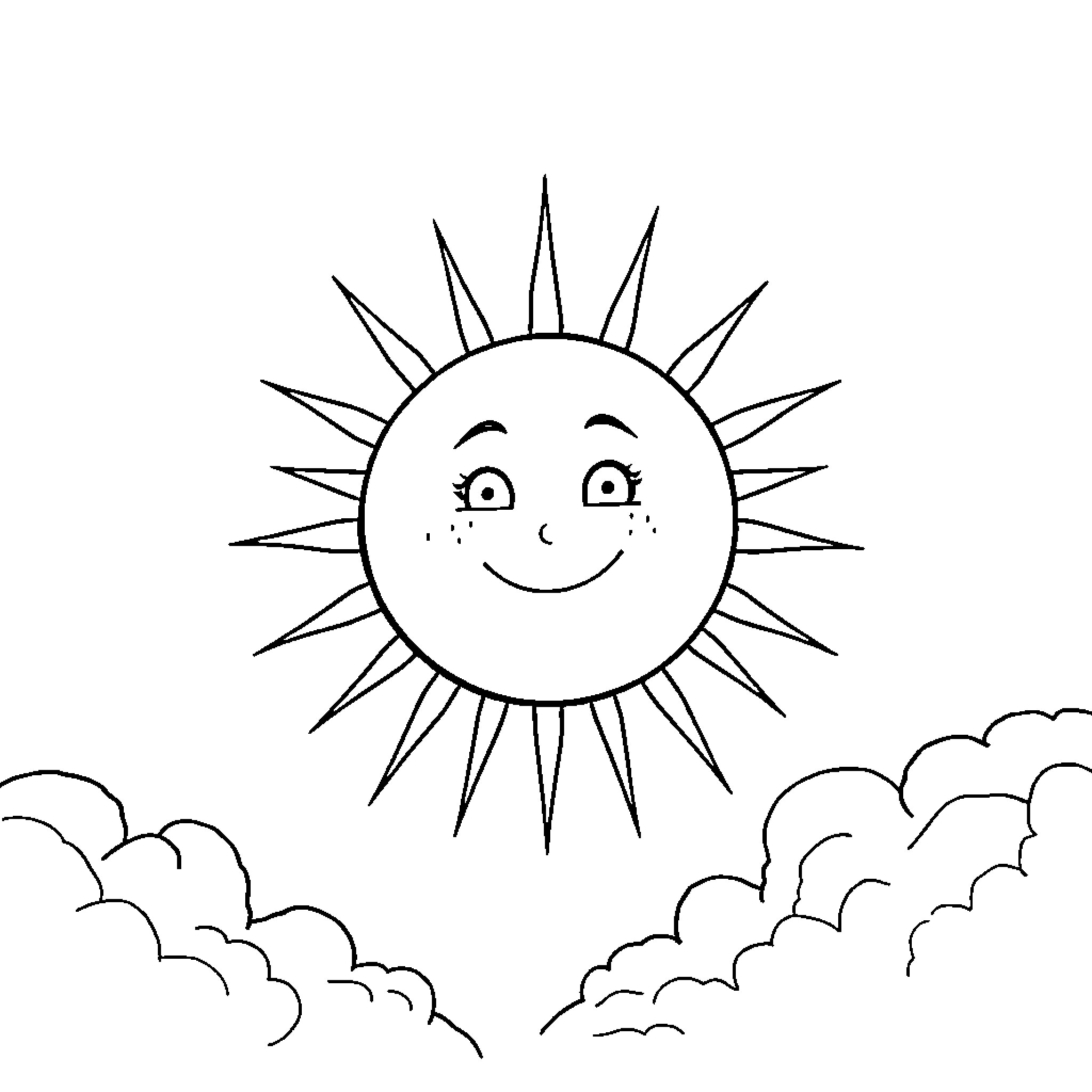 Sun happily shining among the clouds Coloring Page (free black-and-white line drawing printable PDF for all, from beginners to advanced learners, including children, teens, adults, and seniors)