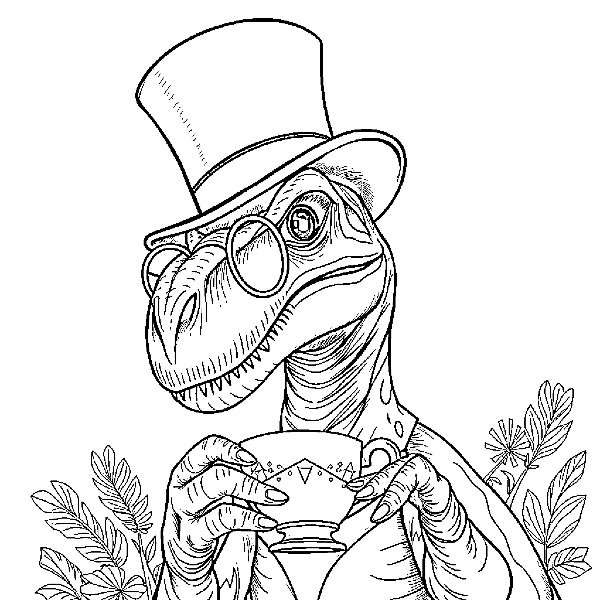 Velociraptor in a top hat with morning tea Coloring Page (free black-and-white line drawing printable PDF for all, from beginners to advanced learners, including children, teens, adults, and seniors)