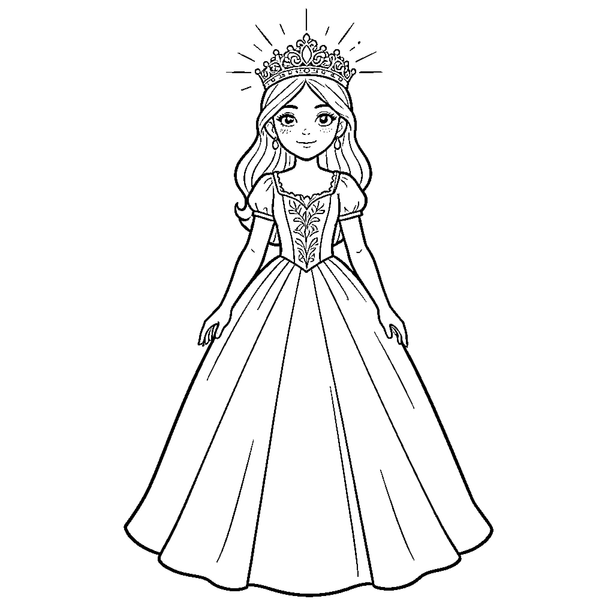 Princess wearing a crown and elegant gown Coloring Page (free black-and-white line drawing printable PDF for all, from beginners to advanced learners, including children, teens, adults, and seniors)