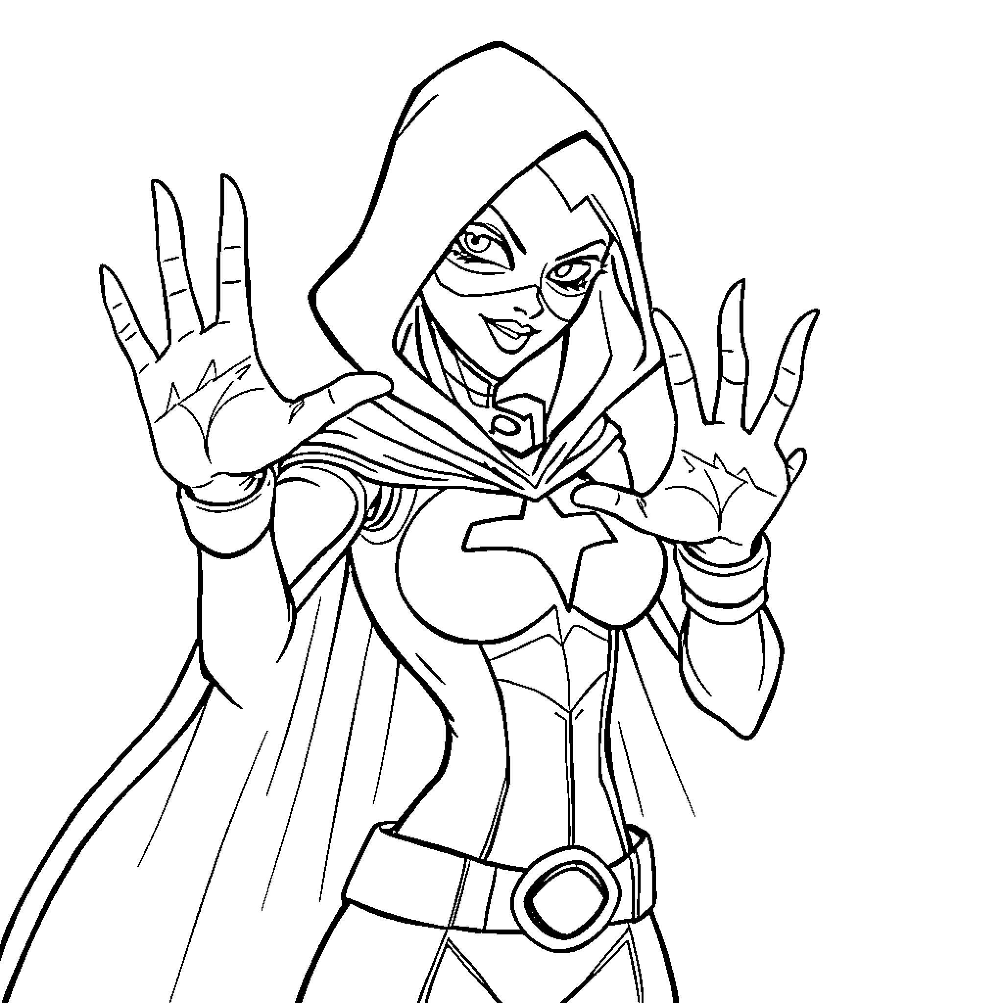 Raven-themed superhero in heroic pose Coloring Page (free black-and-white line drawing printable PDF for all, from beginners to advanced learners, including children, teens, adults, and seniors)