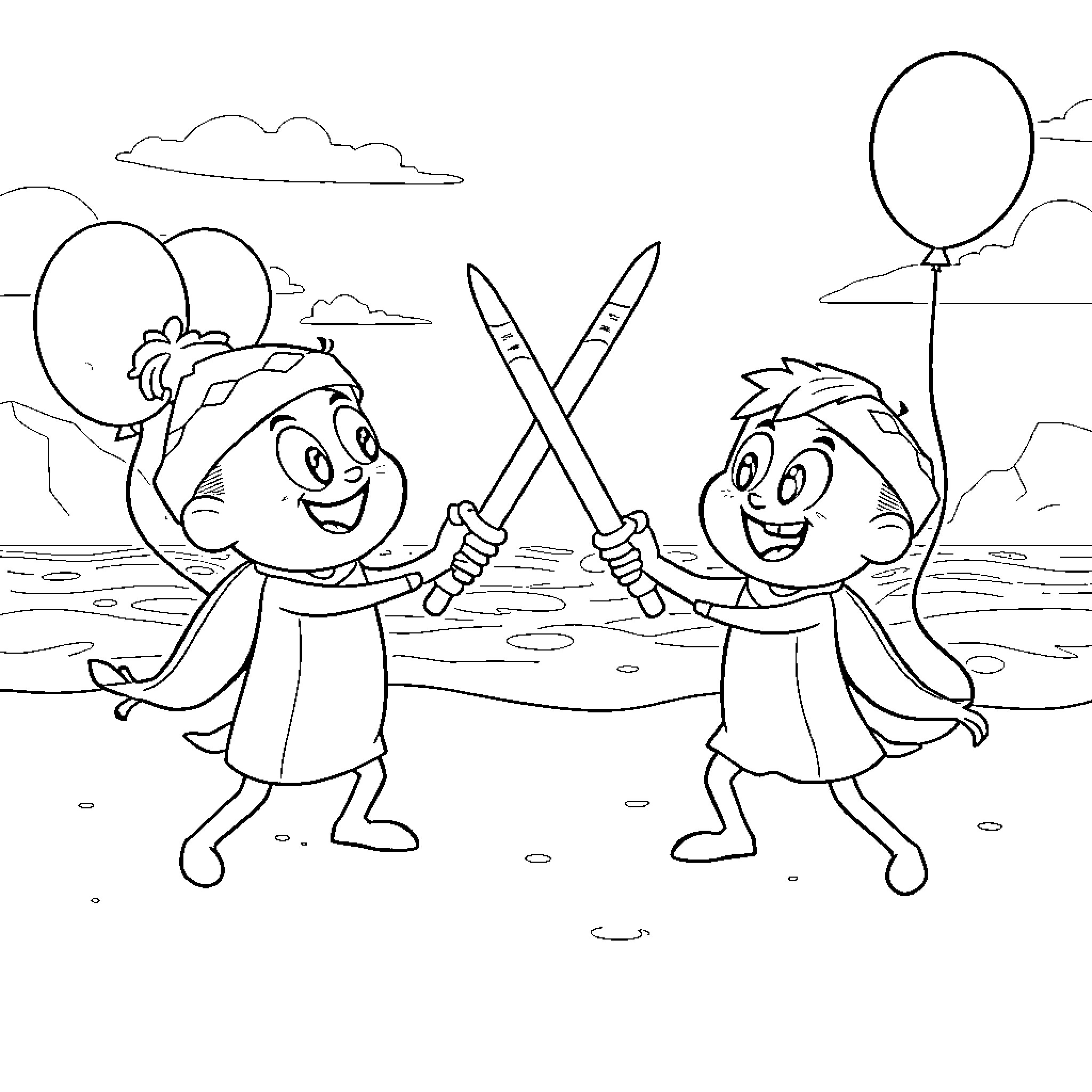 Bluey characters playing with swords in the park Coloring Page (free black-and-white line drawing printable PDF for all, from beginners to advanced learners, including children, teens, adults, and seniors)
