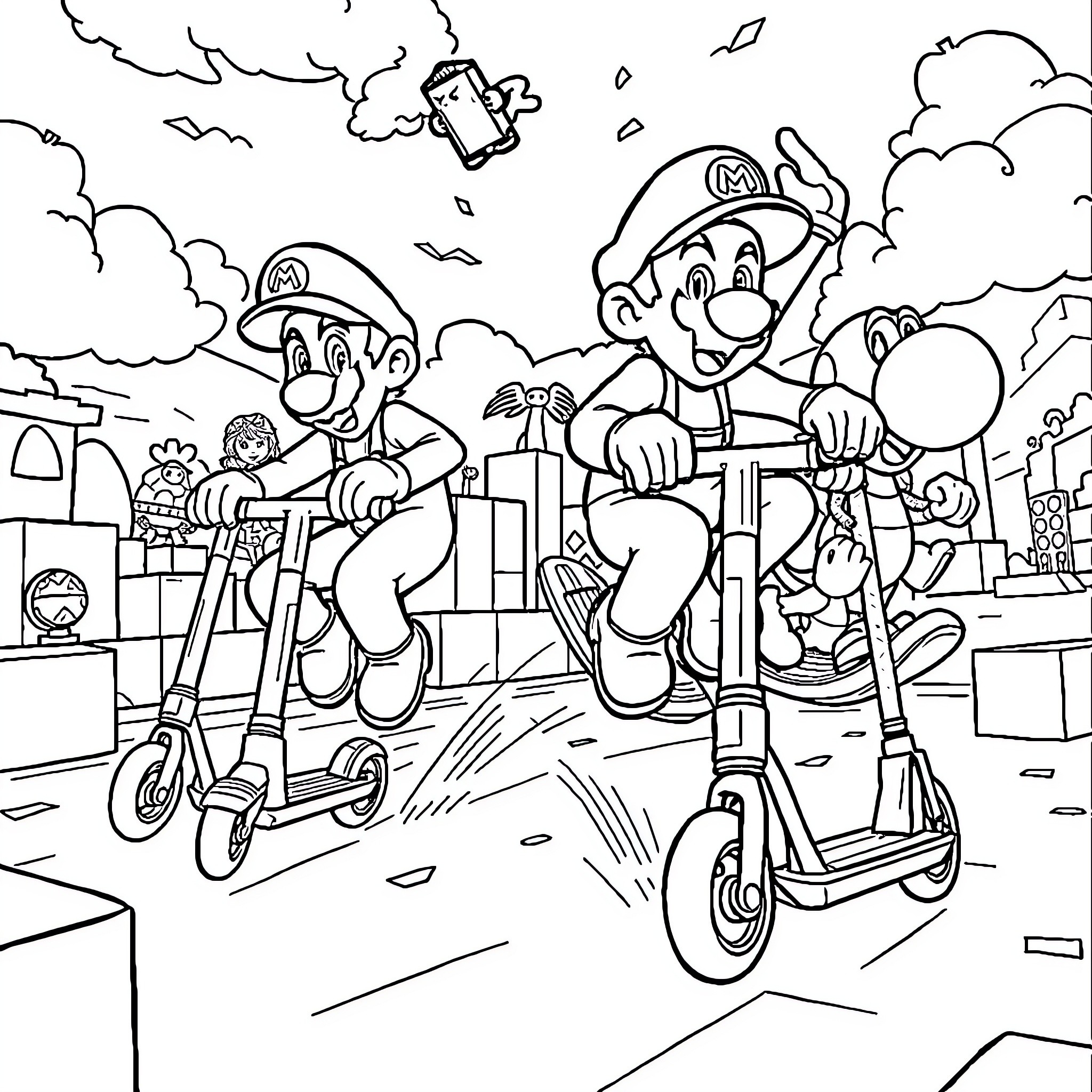 Mario and Luigi riding scooters in a lively city Coloring Page (free black-and-white line drawing printable PDF for all, from beginners to advanced learners, including children, teens, adults, and seniors)