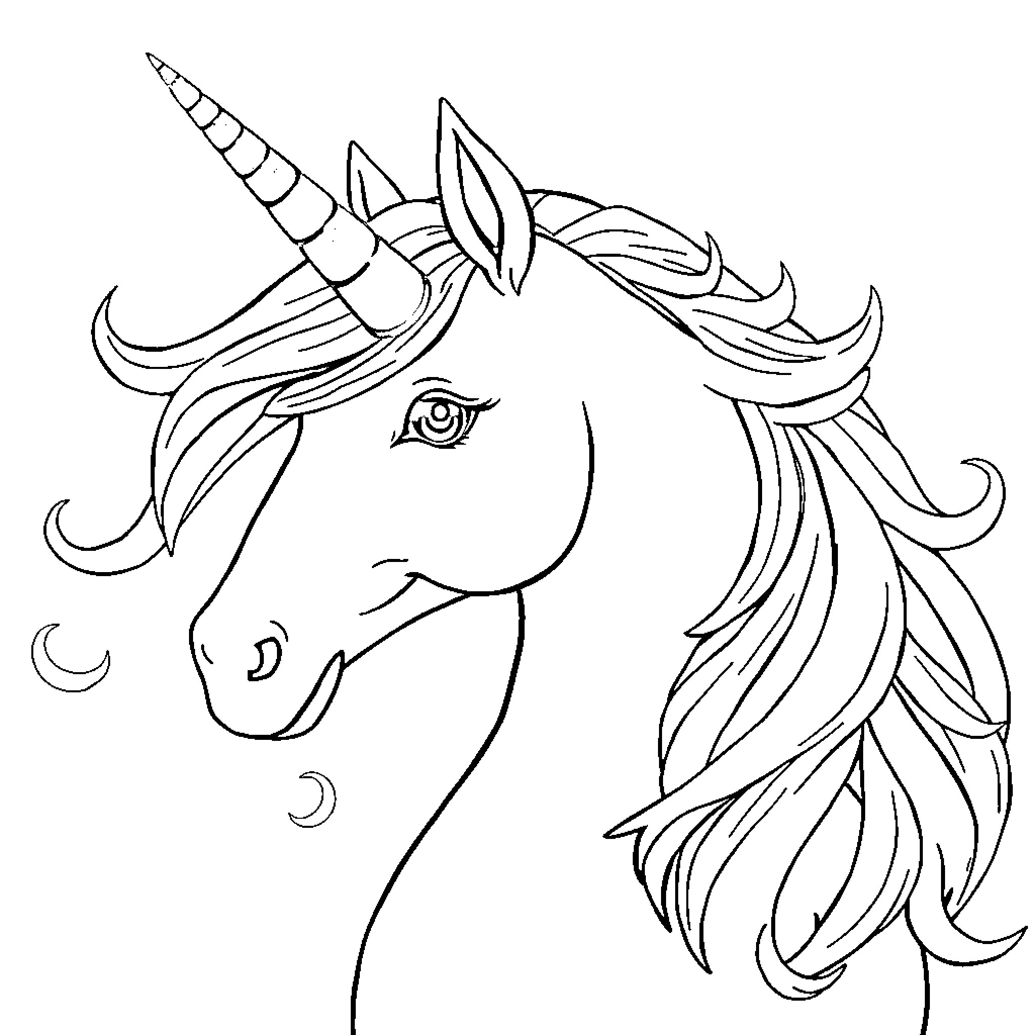 Unicorn with Flowing Mane and Horn Coloring Page (free black-and-white line drawing printable PDF for all, from beginners to advanced learners, including children, teens, adults, and seniors)