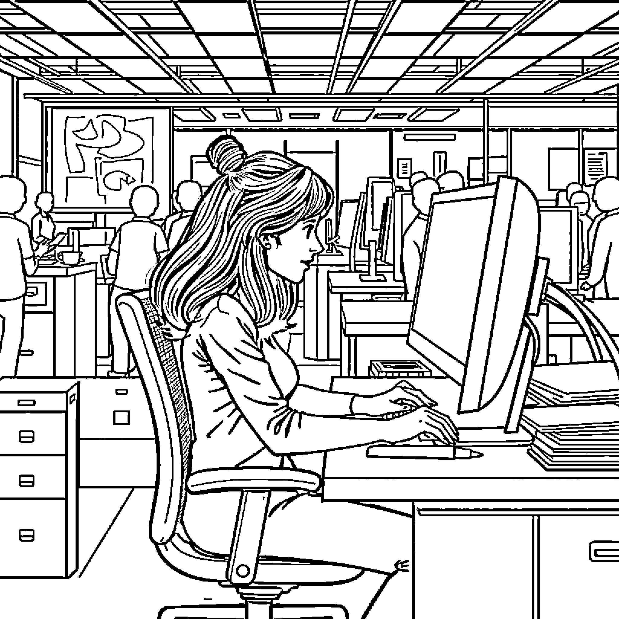 Woman working diligently at computer in office Coloring Page (free black-and-white line drawing printable PDF for all, from beginners to advanced learners, including children, teens, adults, and seniors)